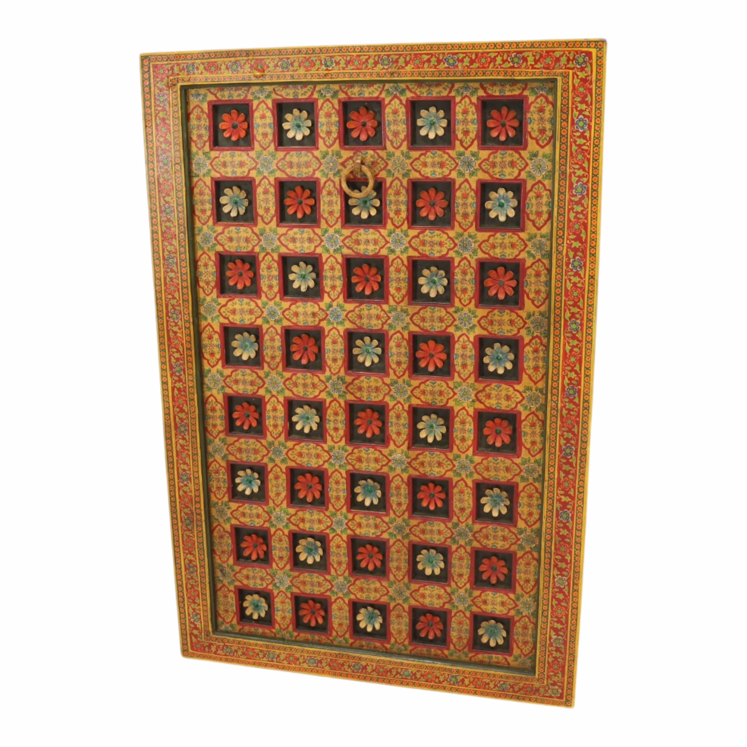 Rewati Hand Painted Haveli Teak Wall Panel 36" x 52" 4 Rewati Haveli Teak Wall Panel featuring dimensional floral medallions and painted teak borders
