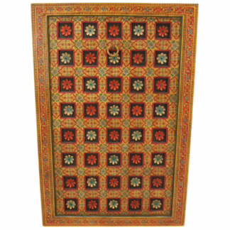 Full front view of Rewati Haveli Teak Wall Panel with floral medallion grid and painted teak surface