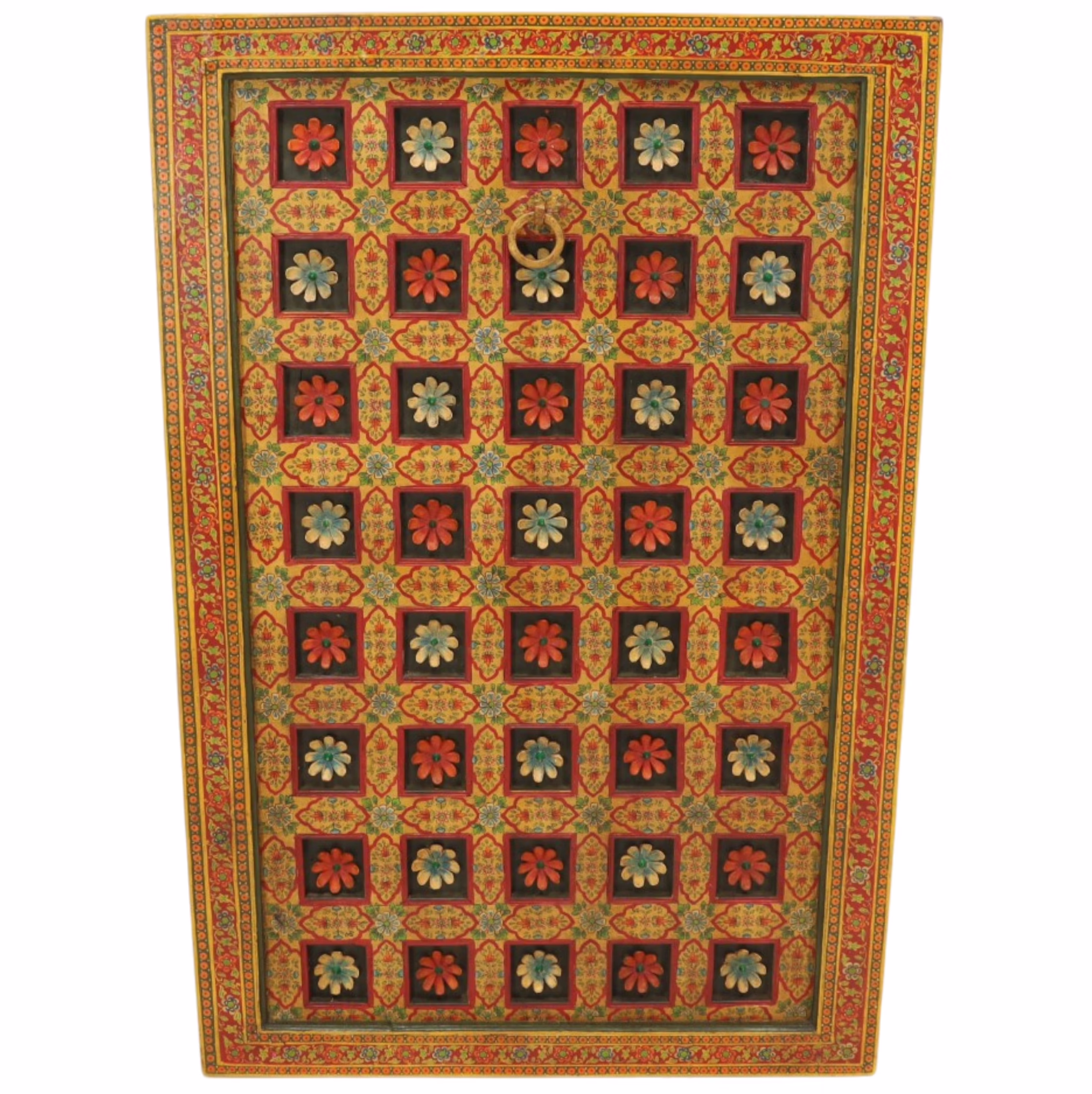 Rewati Hand Painted Haveli Teak Wall Panel 36" x 52" 1 Full front view of Rewati Haveli Teak Wall Panel with floral medallion grid and painted teak surface
