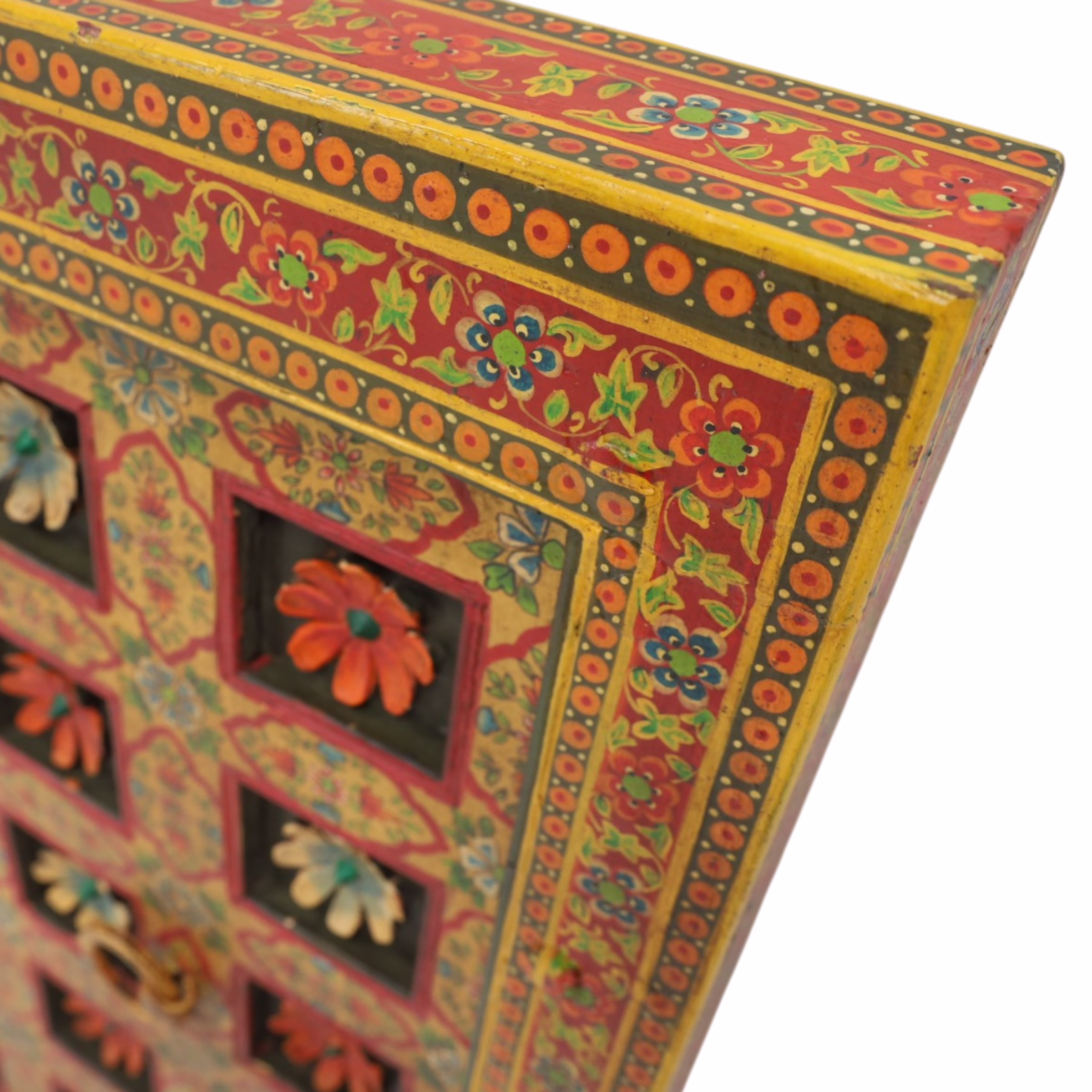 Rewati Hand Painted Haveli Teak Wall Panel 36" x 52" 5 Close up of Haveli Teak Wall Panel showing hand painted details and aged teak texture