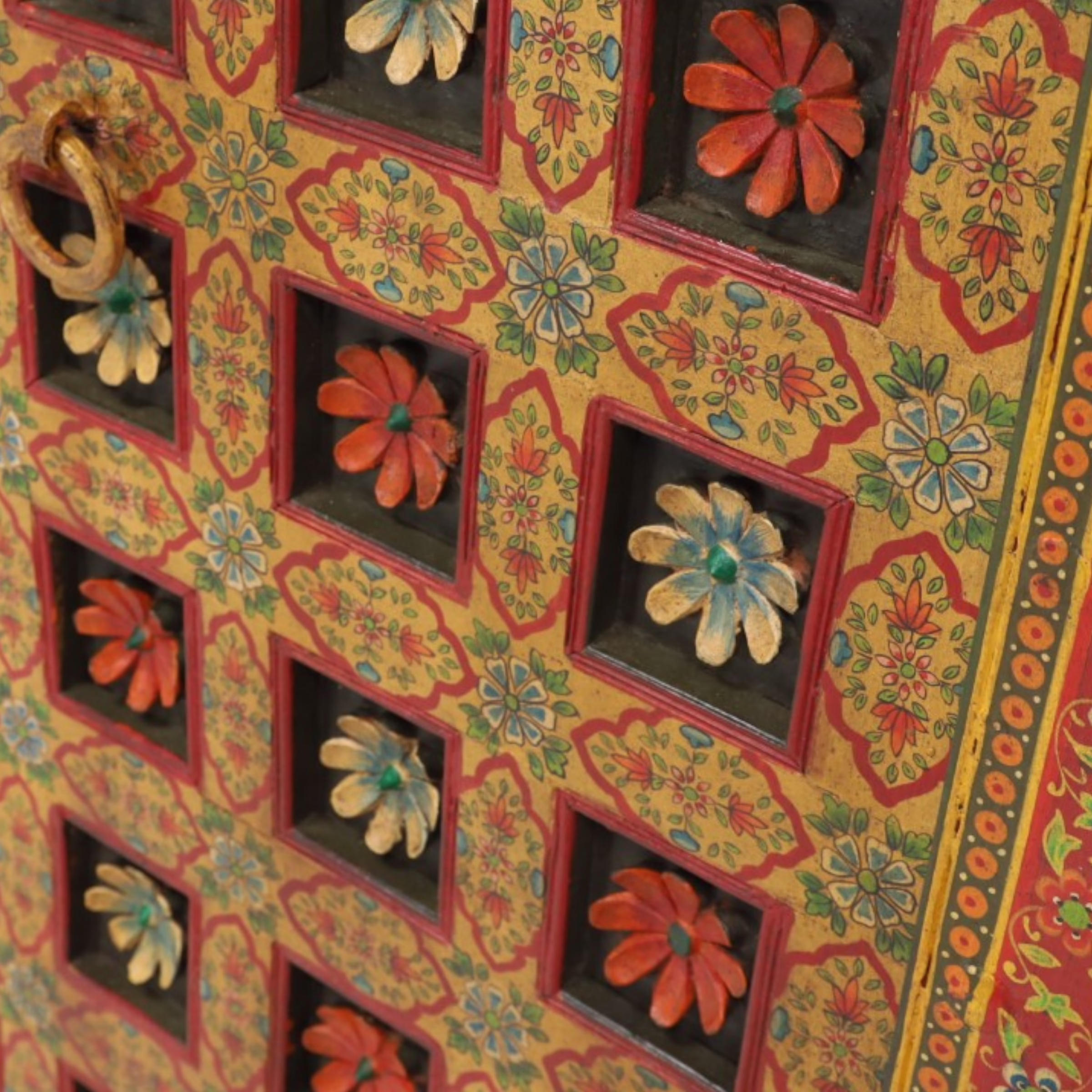 Rewati Hand Painted Haveli Teak Wall Panel 36" x 52" 7 Haveli Teak Wall Panel detail showing original ring hardware and historic teak construction