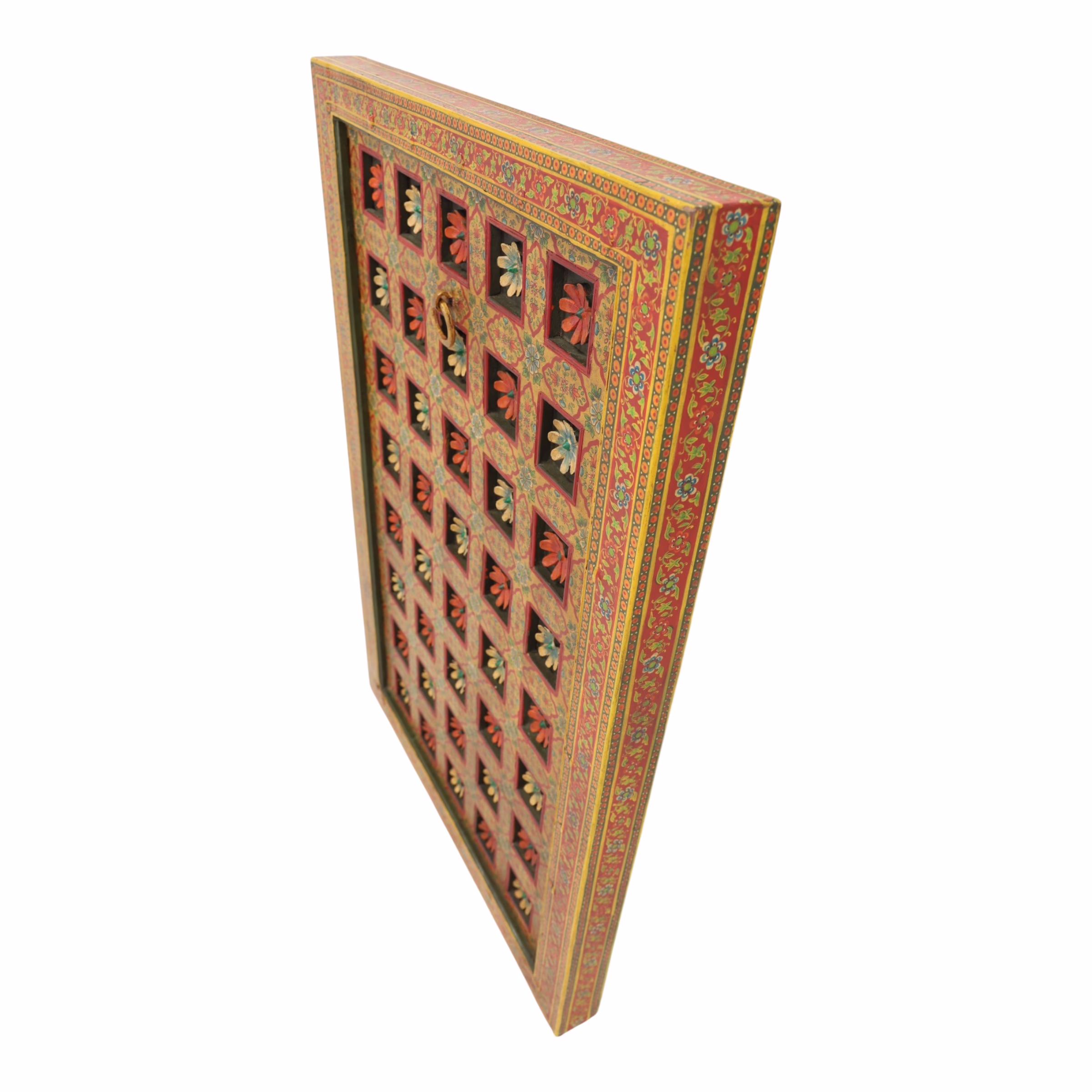 Rewati Hand Painted Haveli Teak Wall Panel 36" x 52" 8 Side profile of Haveli Teak Wall Panel showing thickness and dimensional floral construction