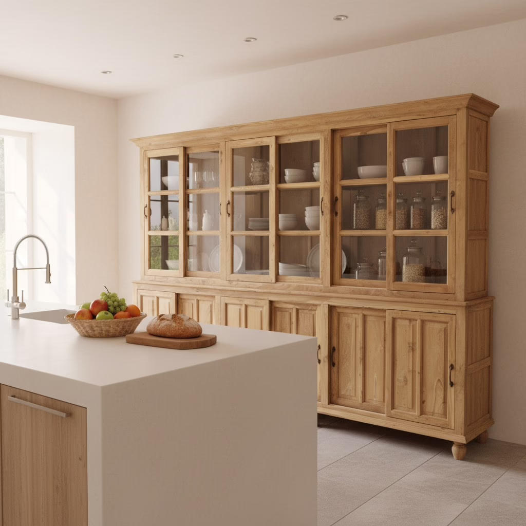 Arnhem 120" Hand Crafted Teak Wood Display Cabinet 6 Solid Teak Display Cabinet functioning as a display and storage wall within a luxury kitchen environment