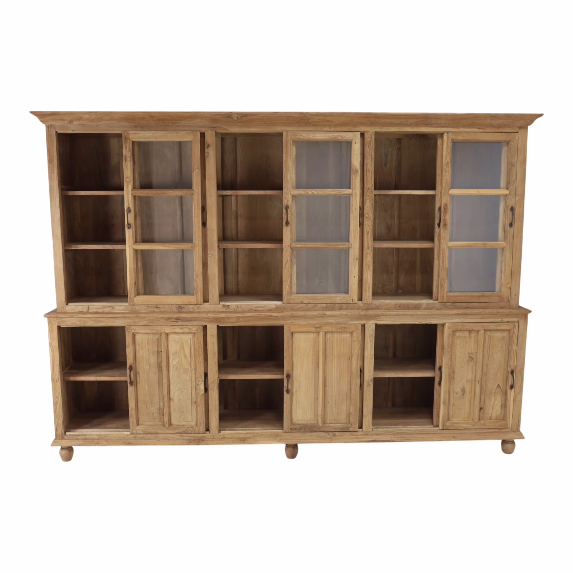 Arnhem 120" Hand Crafted Teak Wood Display Cabinet 5 Solid Teak Display Cabinet with open doors revealing storage and display compartments