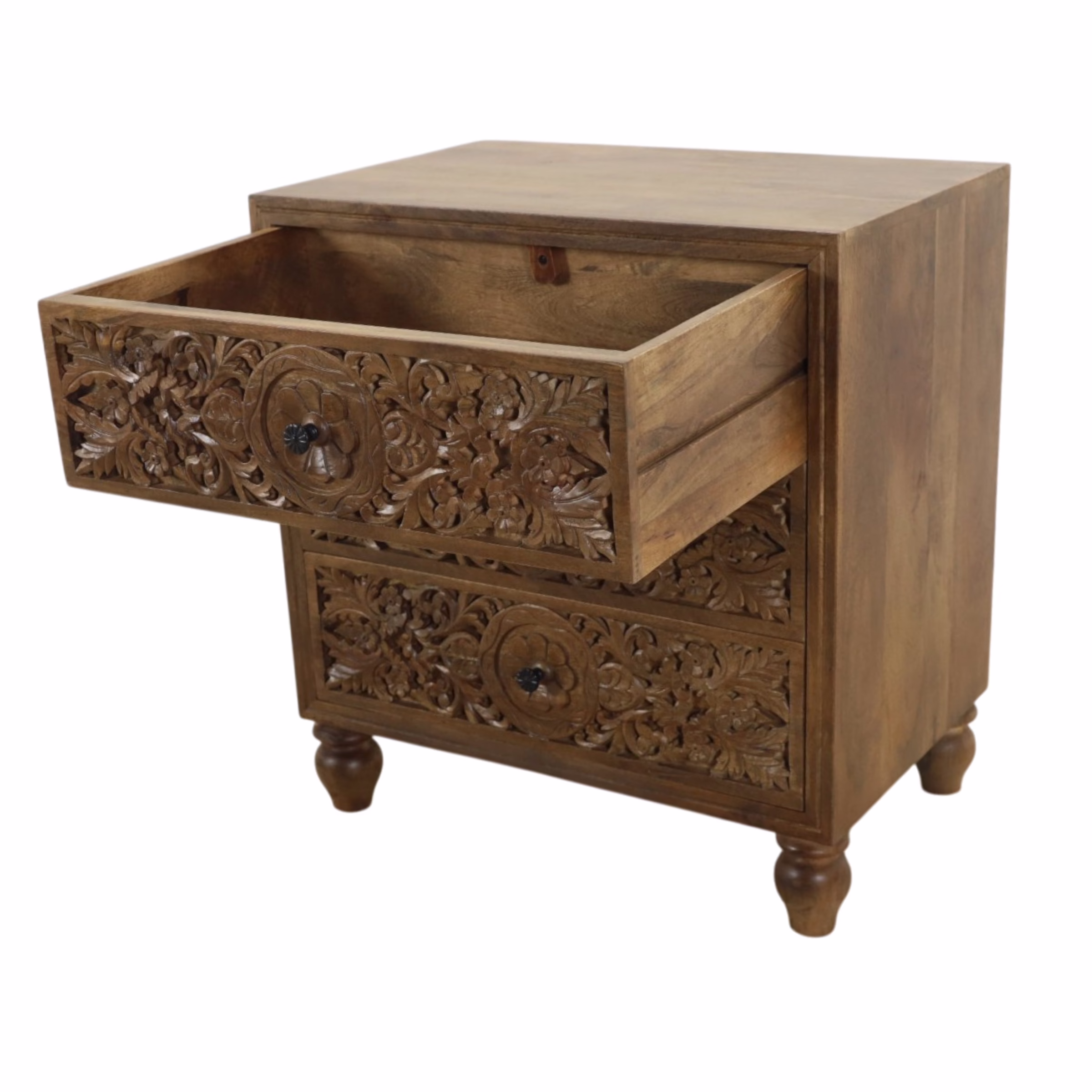 Sumatra Hand Carved Three Drawer Nightstand, Heirloom Patina 9 Open drawer detail on Sumatra hand carved three drawer nightstand showing floral carved front