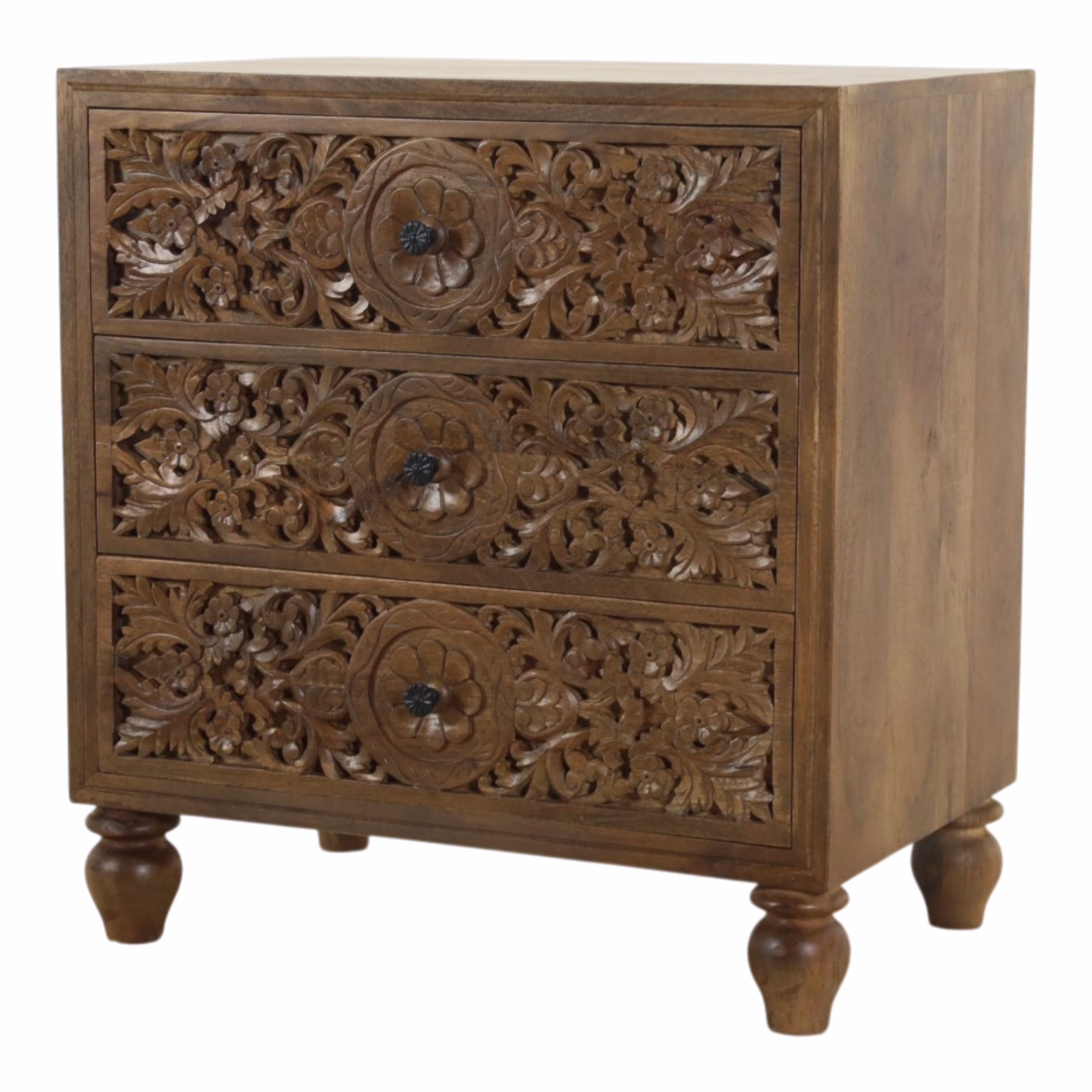 Sumatra Hand Carved Three Drawer Nightstand, Heirloom Patina 16 Sumatra hand carved three drawer nightstand with three floral carved drawers and patina finish