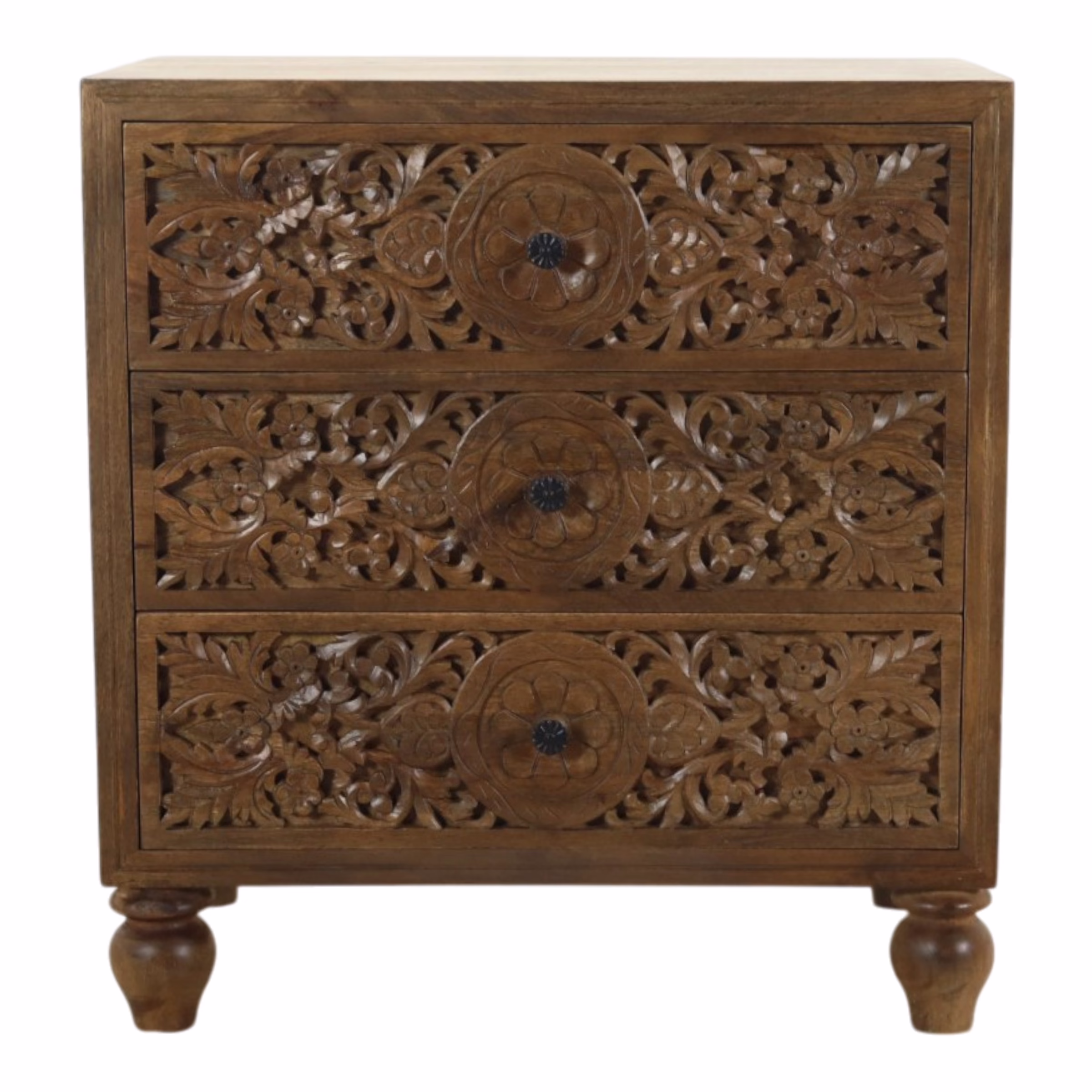 Sumatra Hand Carved Three Drawer Nightstand, Heirloom Patina 11 Front elevation of Sumatra hand carved three drawer nightstand with three carved floral drawers