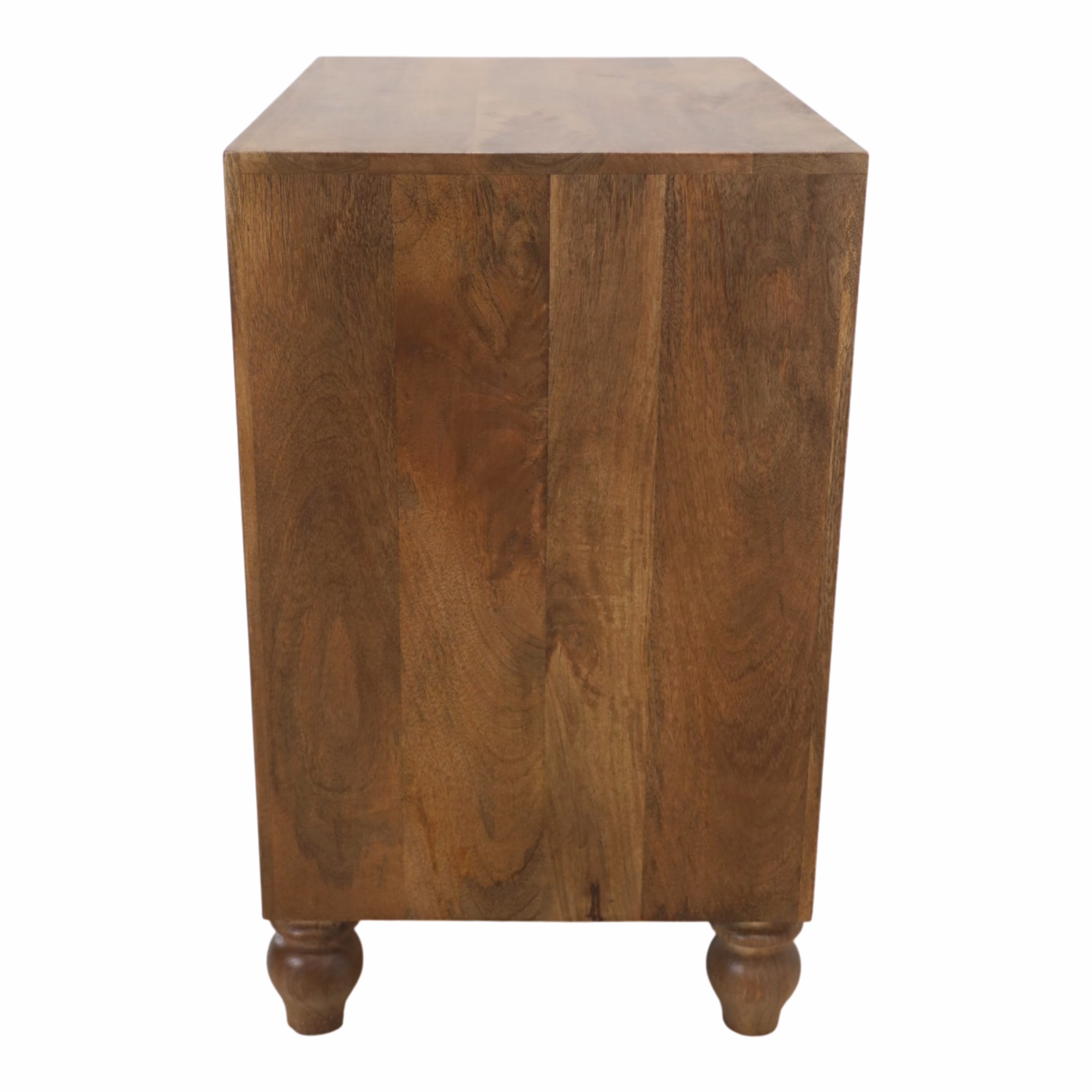 Sumatra Hand Carved Three Drawer Nightstand, Heirloom Patina 12 Side profile of Sumatra hand carved three drawer nightstand showing solid wood construction and turned feet