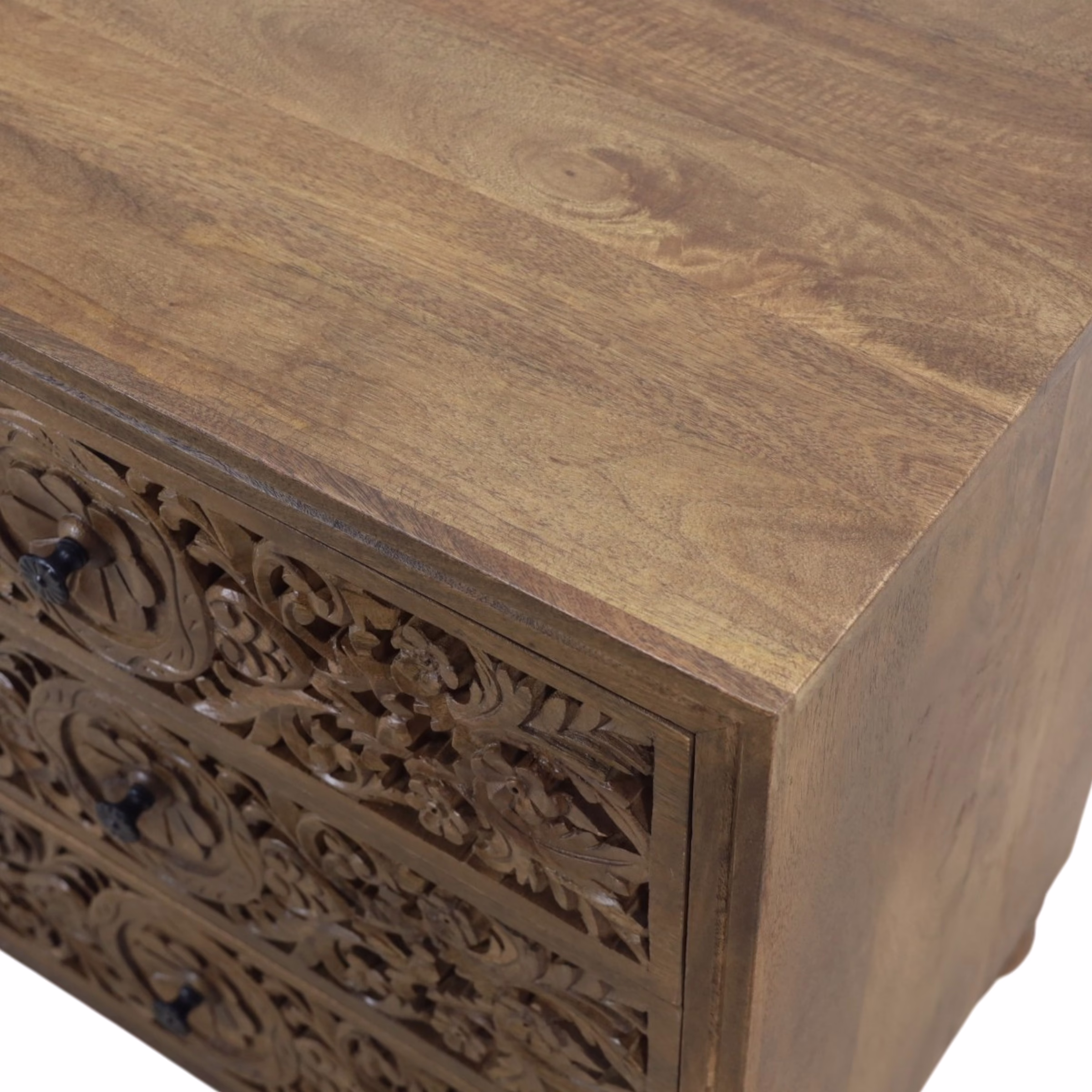 Sumatra Hand Carved Three Drawer Nightstand, Heirloom Patina 13 Solid wood top detail on Sumatra hand carved three drawer nightstand with heirloom patina