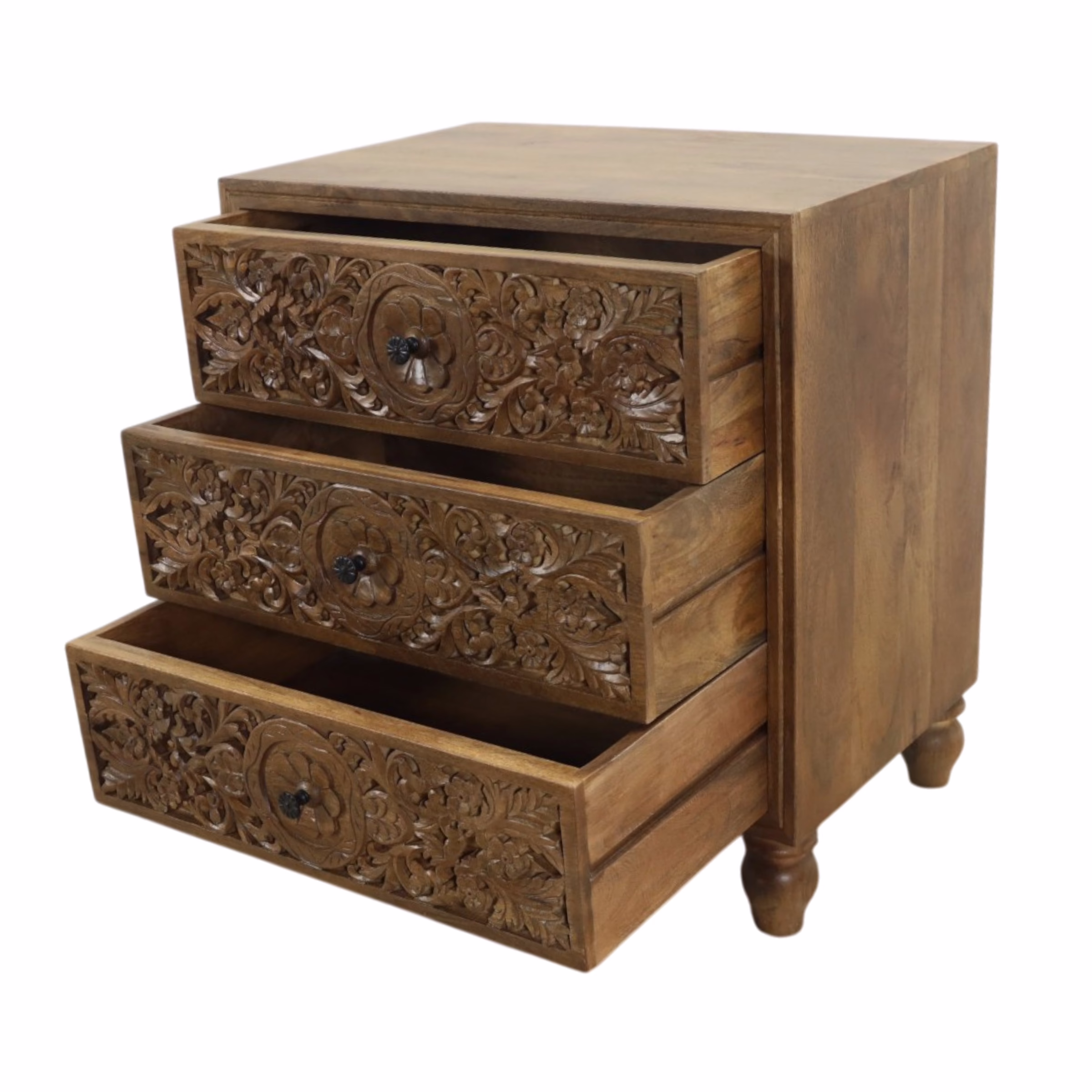 Sumatra Hand Carved Three Drawer Nightstand, Heirloom Patina 15 Sumatra hand carved three drawer nightstand with three drawers open showing bedside storage capacity