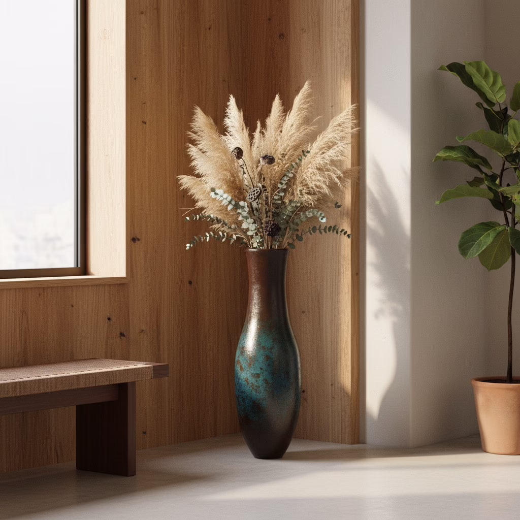 Handmade Tall Terracotta Floor Vase, MXG 490 10 Tall Terracotta Floor Vase styled with dried botanicals in a contemporary entryway