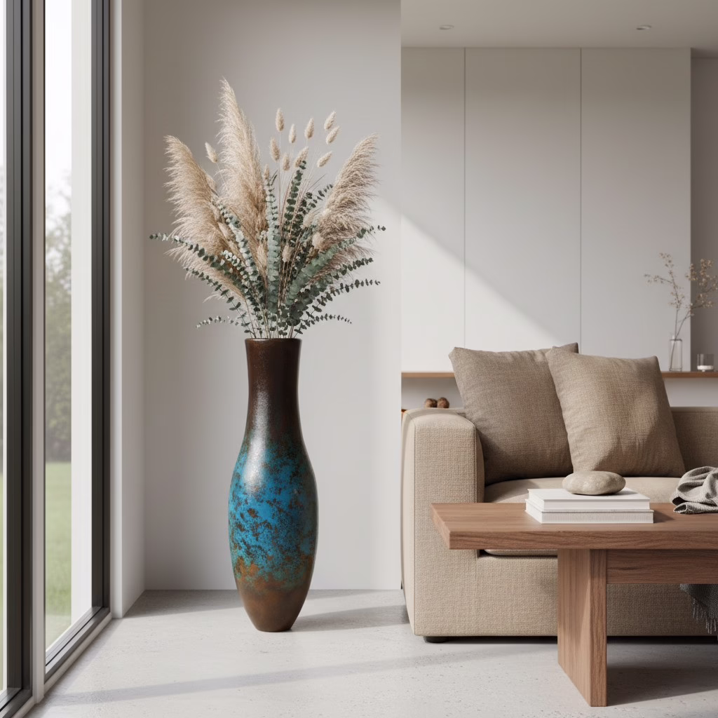 Handmade Tall Terracotta Floor Vase, MXG 490 11 Tall Terracotta Floor Vase styled beside sofa in an organic modern living room