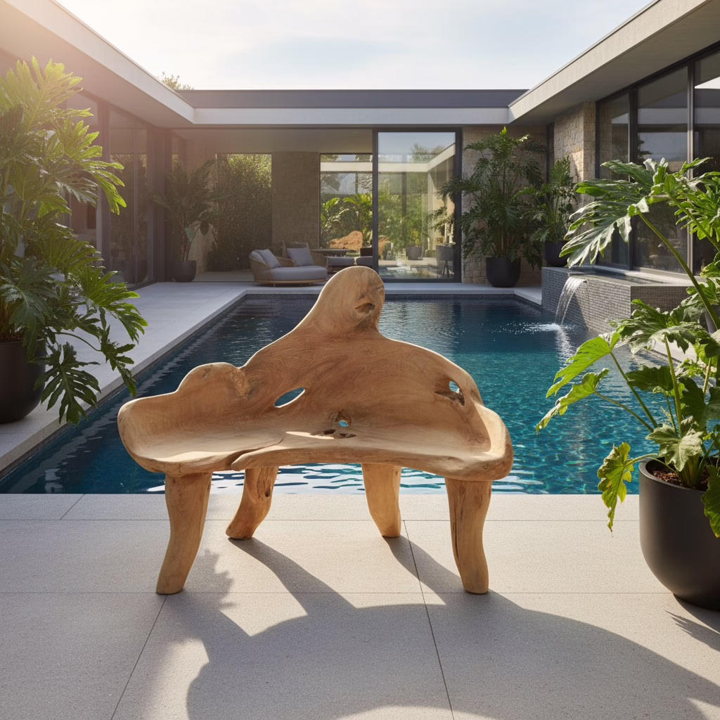 Abstract Natural Teak Root Wood Bench, RIS 902B 2 Teak Root Bench beside contemporary pool and tropical landscape