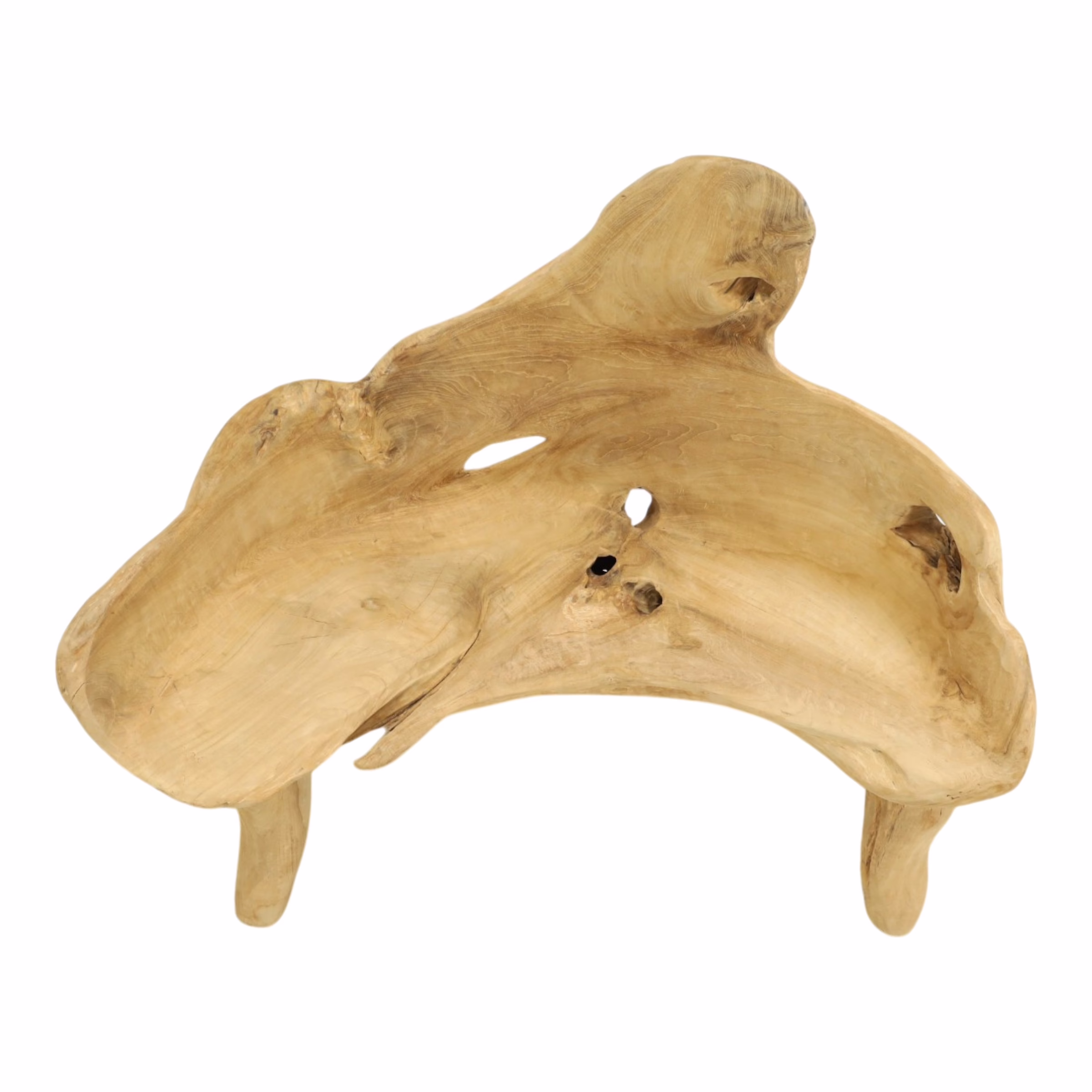 Abstract Natural Teak Root Wood Bench, RIS 902B 6 Detailed view of Teak Root Bench showcasing natural openings and sculptural teak grain
