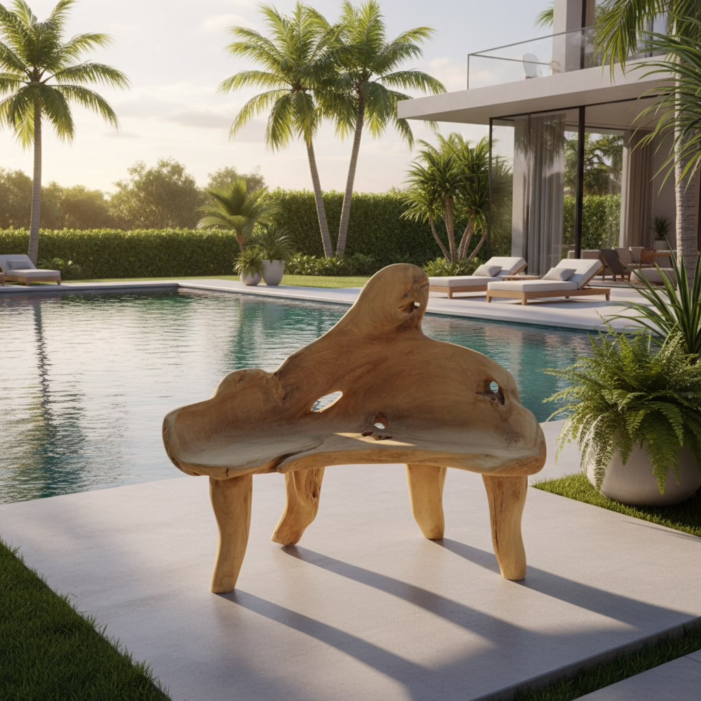 Abstract Natural Teak Root Wood Bench, RIS 902B 7 Teak Root Bench displayed beside a luxury pool in a modern outdoor environment