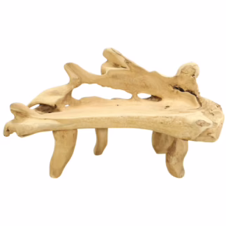 Front view of Teak Root Sculpture Bench showing elevated root formations and natural voids