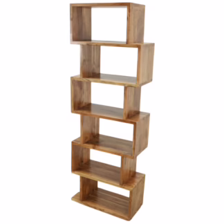 Angled view of Ted Modern Solid Wood Open Shelf Bookcase with offset shelf configuration