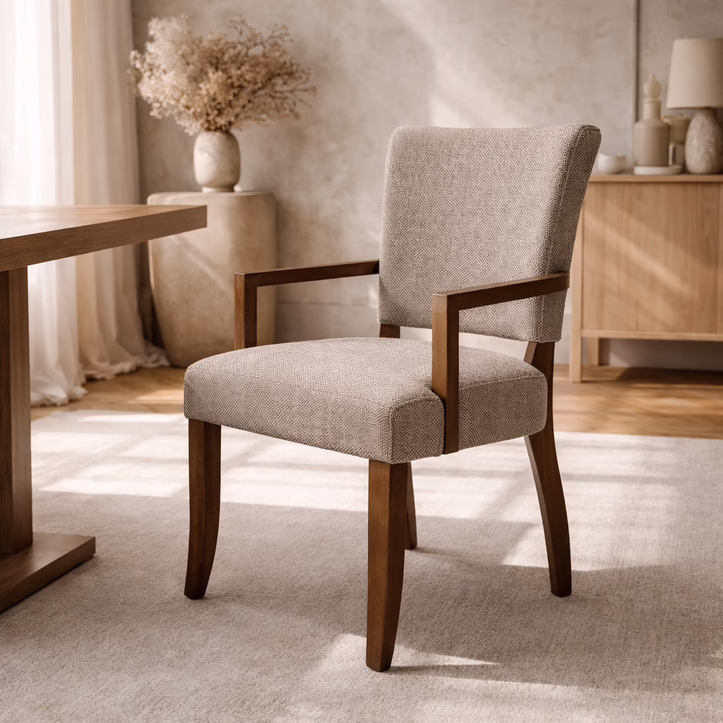 Derek Dining Arm Chair, Vintage Walnut 11 Derek Upholstered Arm Chairs arranged around a modern dining table
