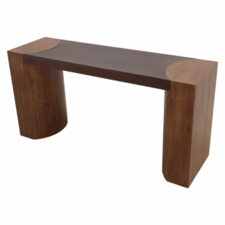 Close up of the floating tabletop construction on the Autumn Oak and Metal Console Table.