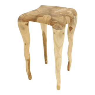 Angled view of handcrafted solid teak side table with organic profile.