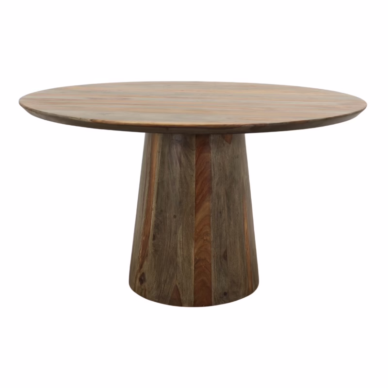 Malone 51" Round Dining Table, Walnut-Grey 3 Close detail of the handcrafted tapered drum pedestal on the Malone Round Pedestal Dining Table