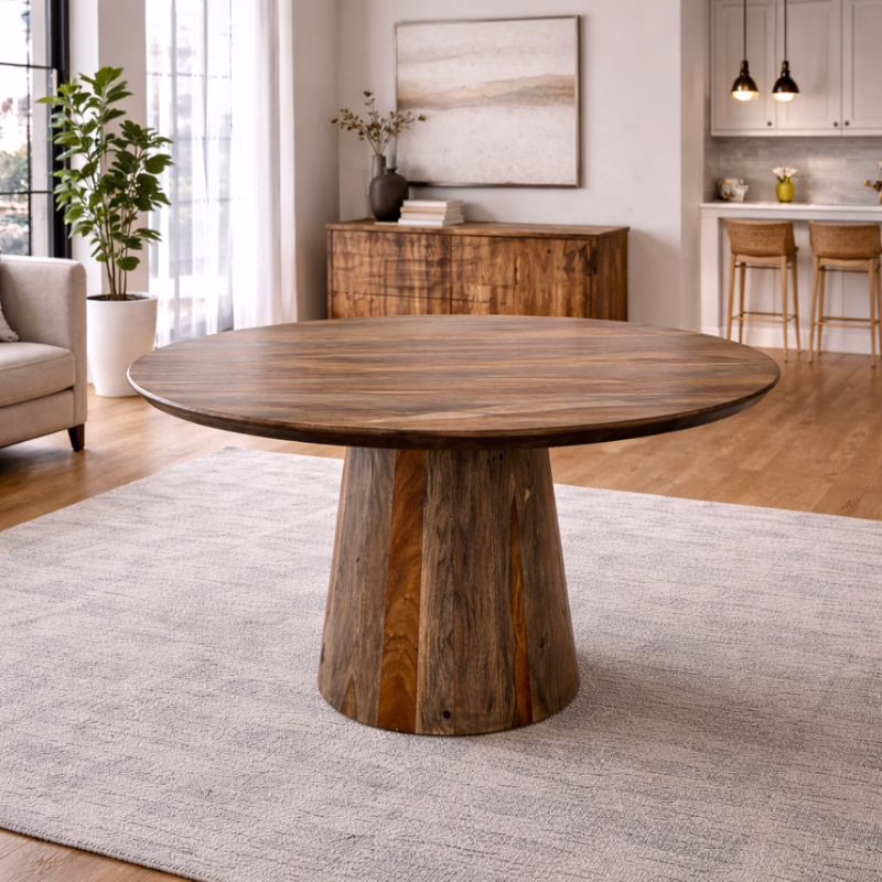 Malone 51" Round Dining Table, Walnut-Grey 11 Malone Round Pedestal Dining Table styled with upholstered dining chairs in an organic modern dining room