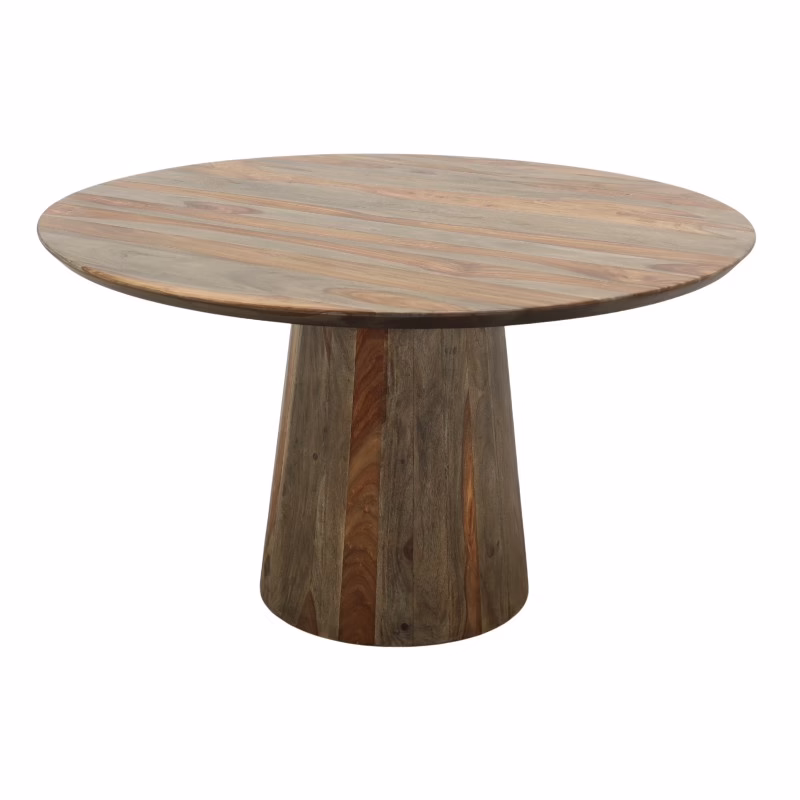 Malone 51" Round Dining Table, Walnut-Grey 2 Three quarter perspective of the Malone Round Pedestal Dining Table showing the handcrafted tapered pedestal