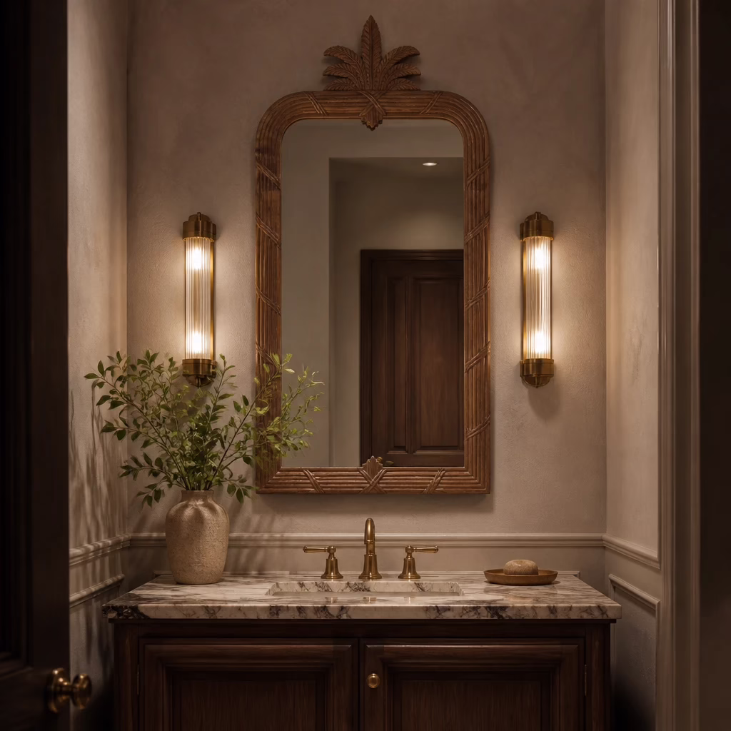 Avignon 39" x 72" Hand Carved Wall Mirror, Vintage Walnut 6 Avignon Architectural Hand Carved Wall Mirror above a marble vanity with brass sconces.