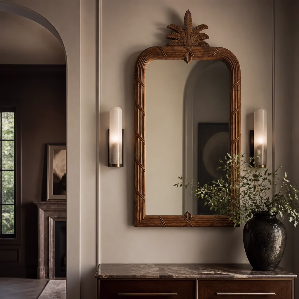 Avignon 39" x 72" Hand Carved Wall Mirror, Vintage Walnut 7 Tall Avignon hand carved wood mirror styled above a dark console with wall sconces.