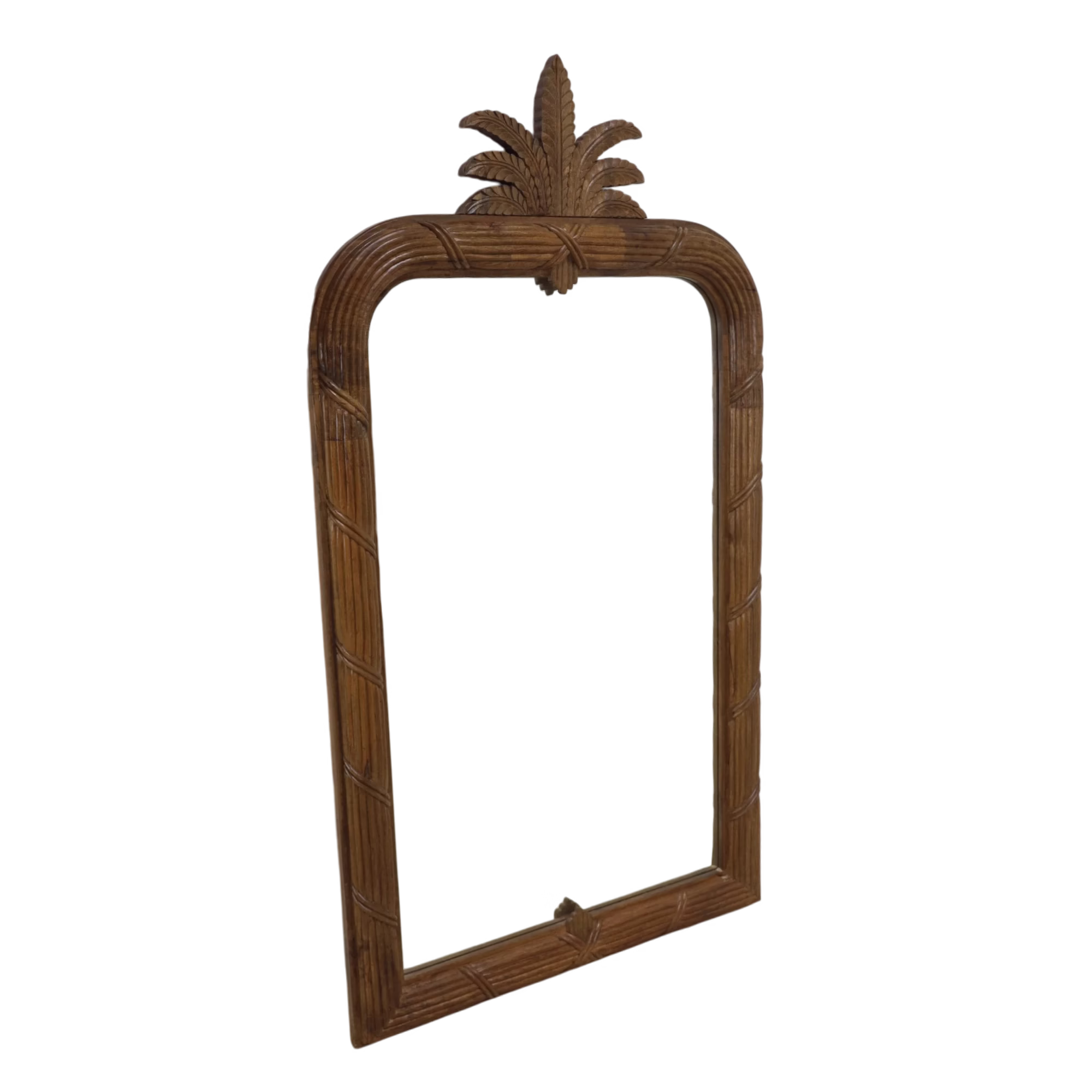 Avignon 39" x 72" Hand Carved Wall Mirror, Vintage Walnut 2 Angled view of the Avignon Mirror showing the depth of its carved wood frame and botanical crest.