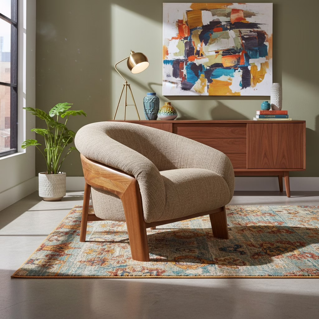 Breya Curved Upholstered Wood Lounge Chair 9 Breya Upholstered Wood Lounge Chair in a warm contemporary living room