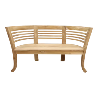 Front profile of natural teak bench with open horizontal slatted back.