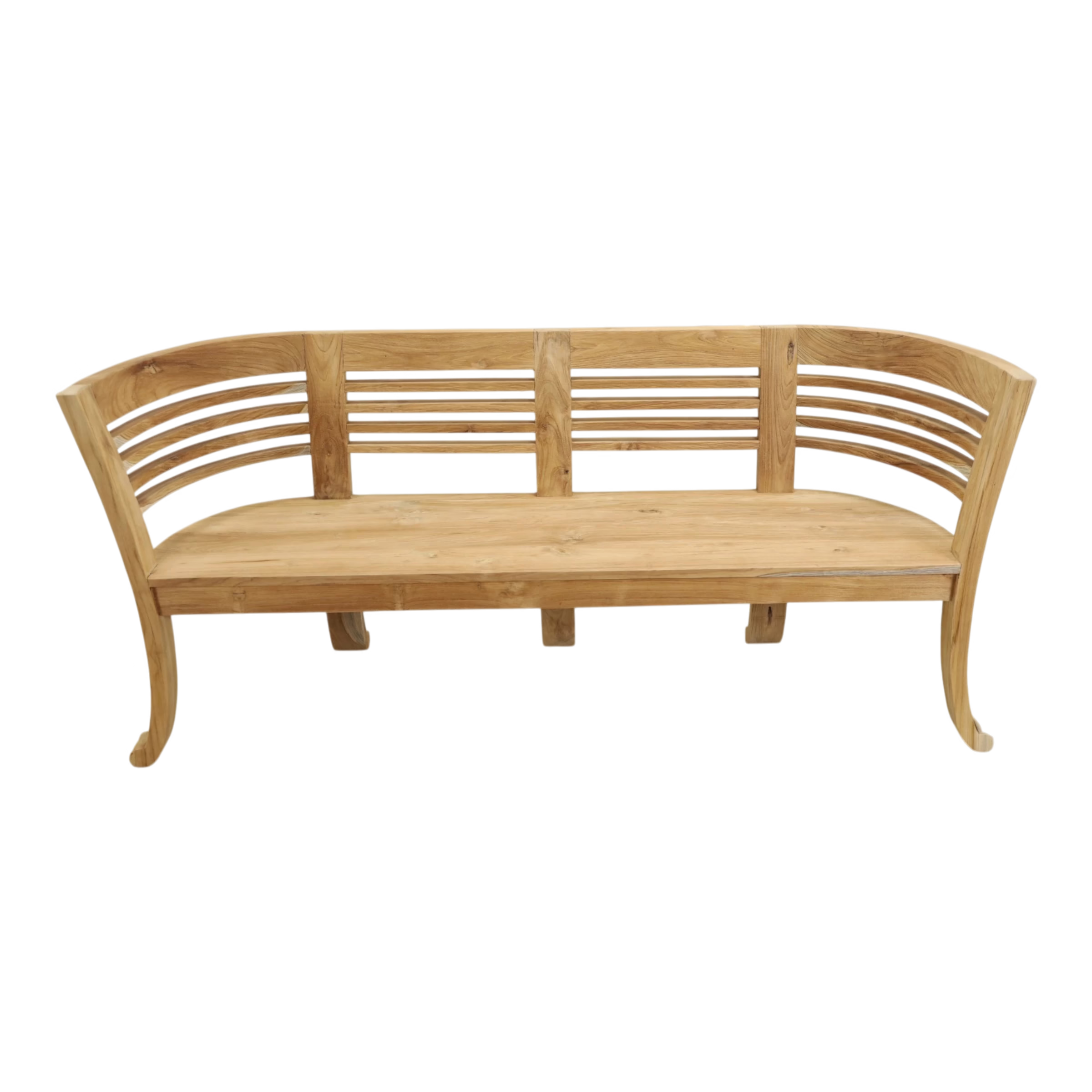 Curved Wraparound Teak Wood Bench, DA 98 1 Front view of Curved Wraparound Teak Wood Bench