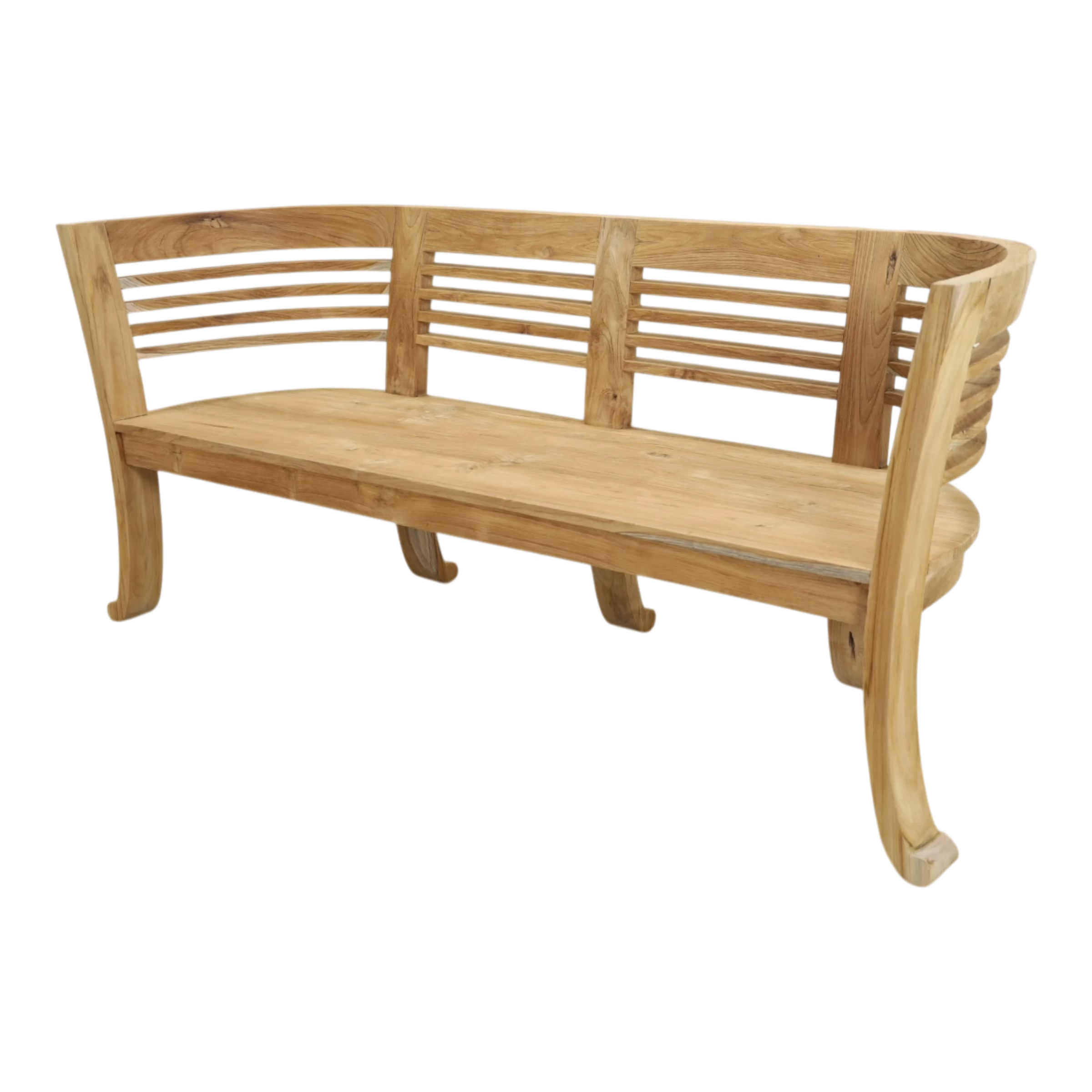Curved Wraparound Teak Wood Bench, DA 98 5 Curved Wraparound Teak Wood Bench with slatted back and curved arms
