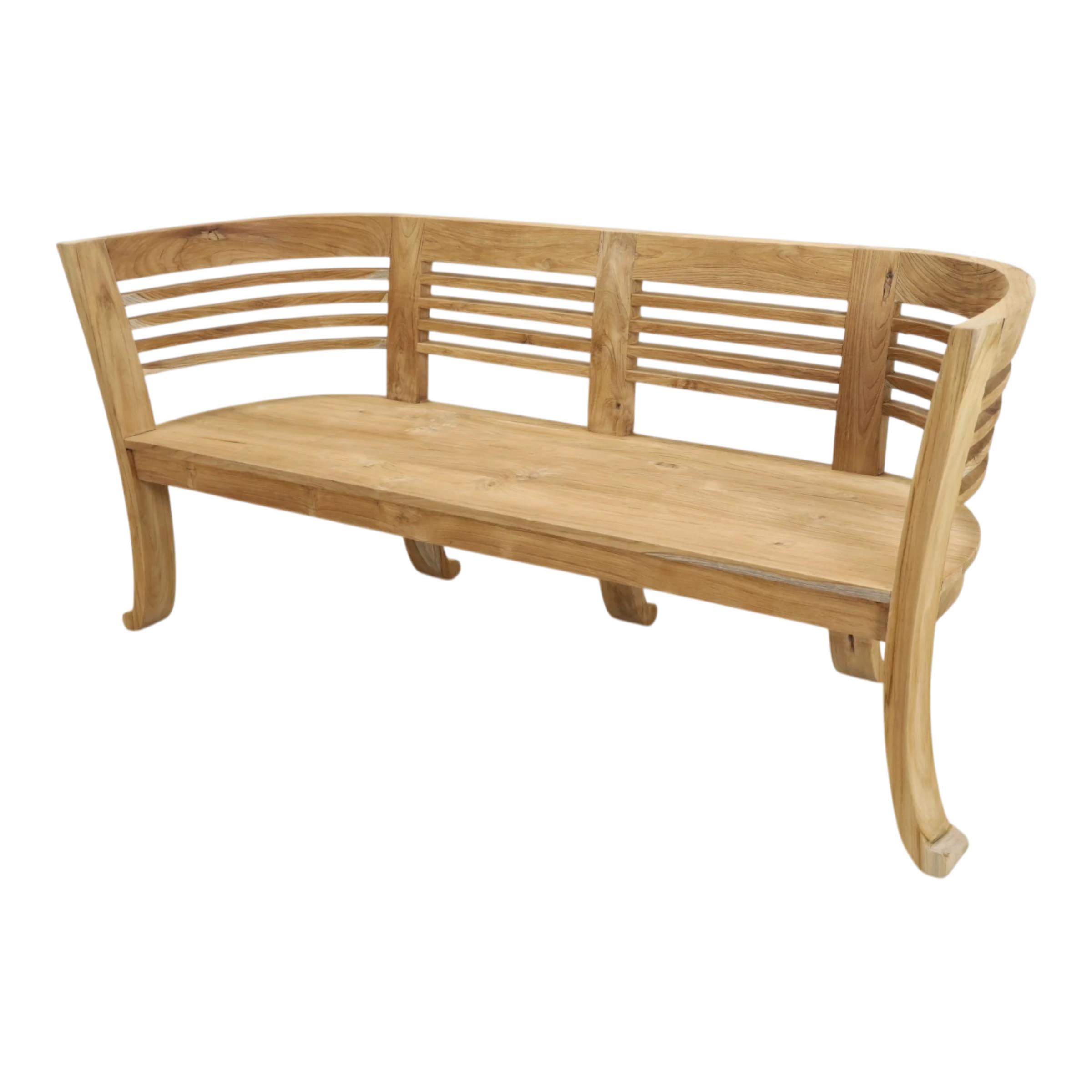 Curved Wraparound Teak Wood Bench, DA 98 4 Indonesian teak bench with curved wraparound back
