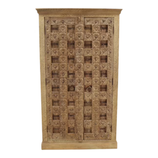 Front view of Carved Teak Storage Cabinet with symmetrical floral grid doors