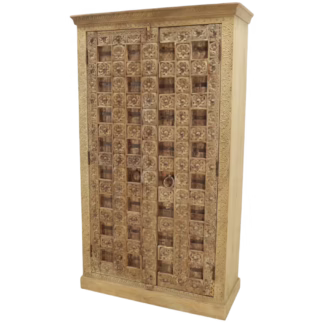 Three-quarter view of Carved Teak Storage Cabinet with floral panel doors