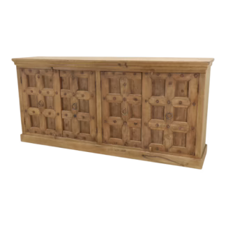 Front view of Reclaimed Wood Sideboard with antique paneled doors, exposed studs and ring pulls