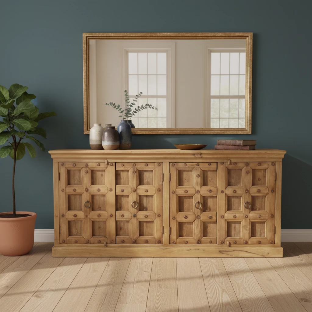 Heritage Reclaimed Wood Antique Door Sideboard PX 16 7 89 inch Reclaimed Wood Sideboard beneath oversized artwork in a contemporary living room