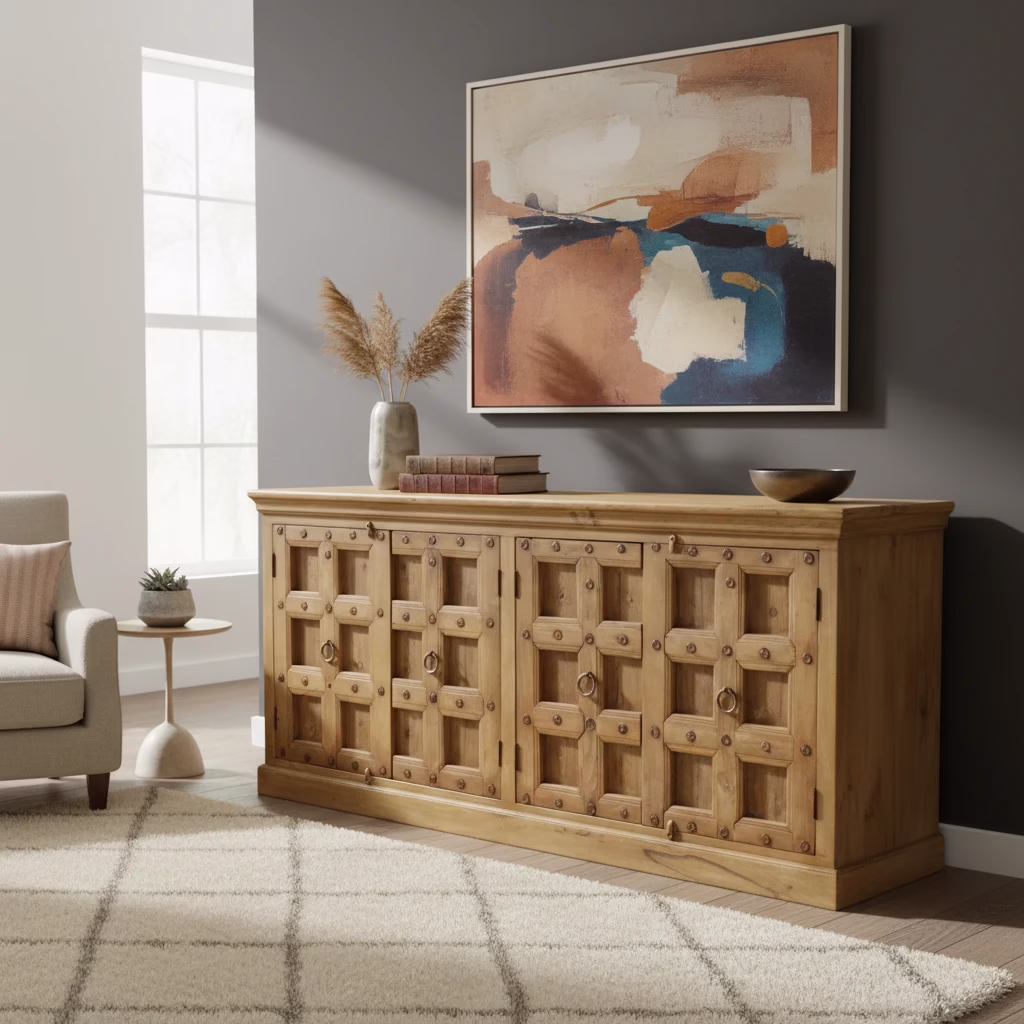 Heritage Reclaimed Wood Antique Door Sideboard PX 16 8 Reclaimed Wood Sideboard with antique doors styled against a dark wall
