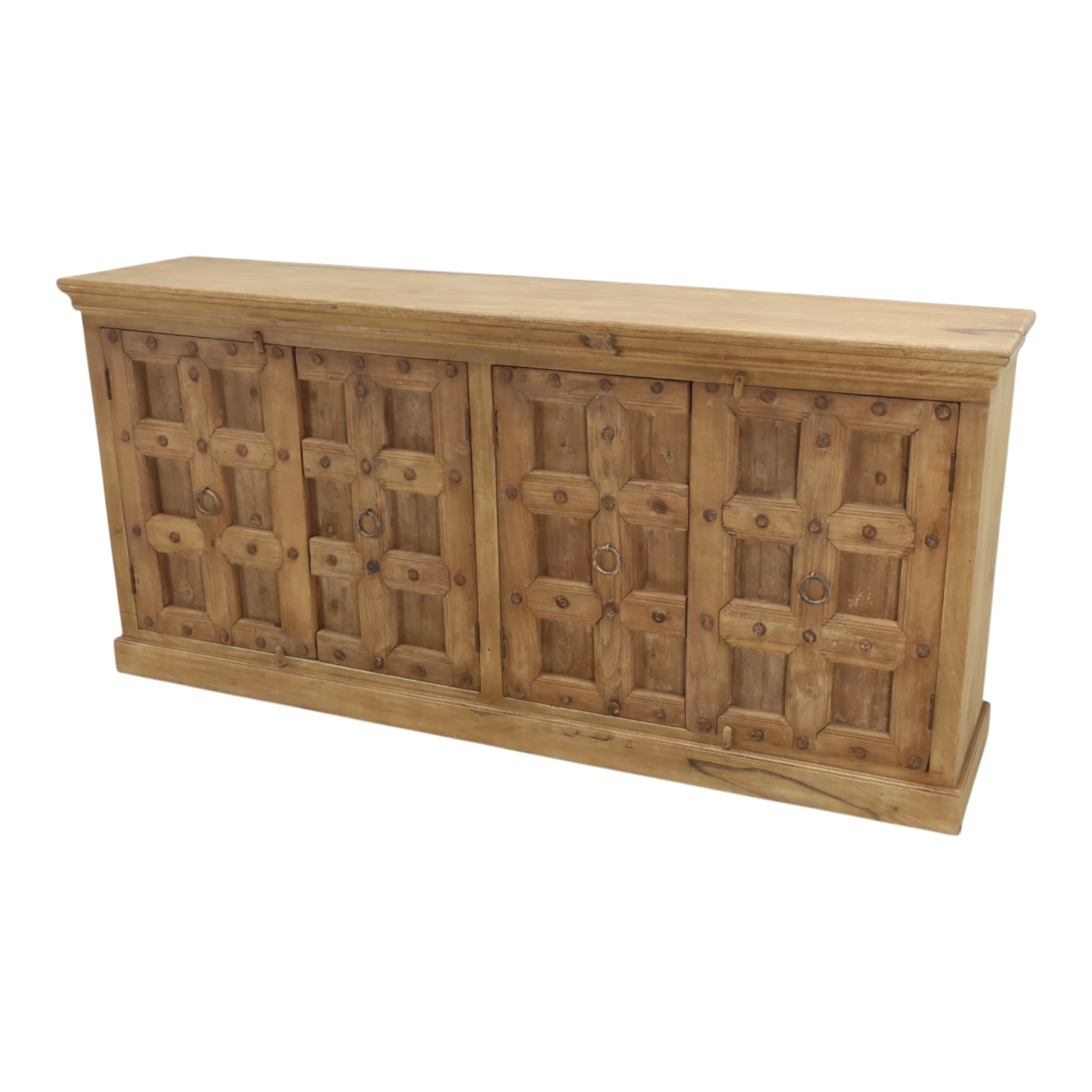 Heritage Reclaimed Wood Antique Door Sideboard PX 16 3 Angled view of Reclaimed Wood Sideboard with four antique paneled doors