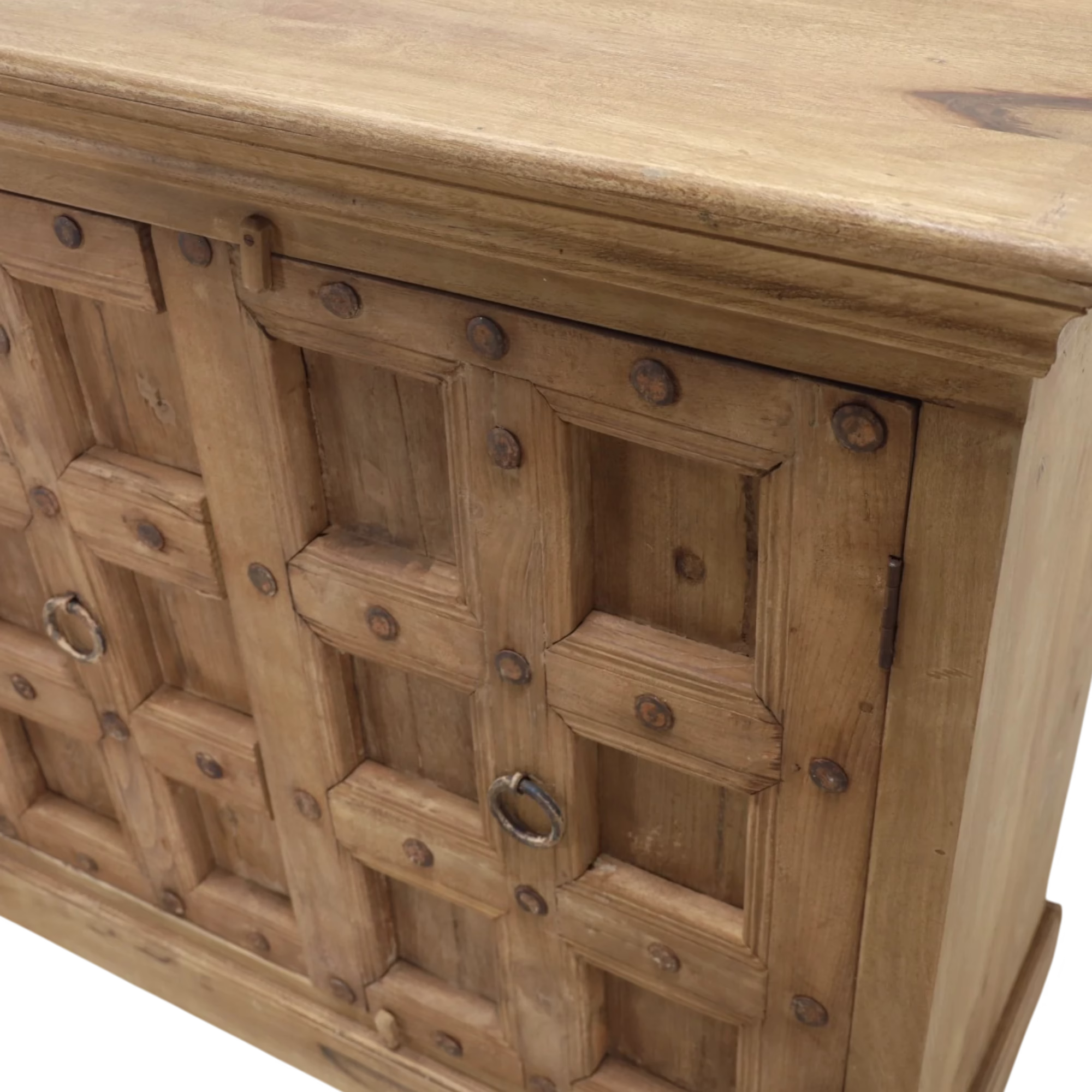 Heritage Reclaimed Wood Antique Door Sideboard PX 16 5 Antique sideboard door detail with iron ring pull, exposed metal studs and recessed wood panels