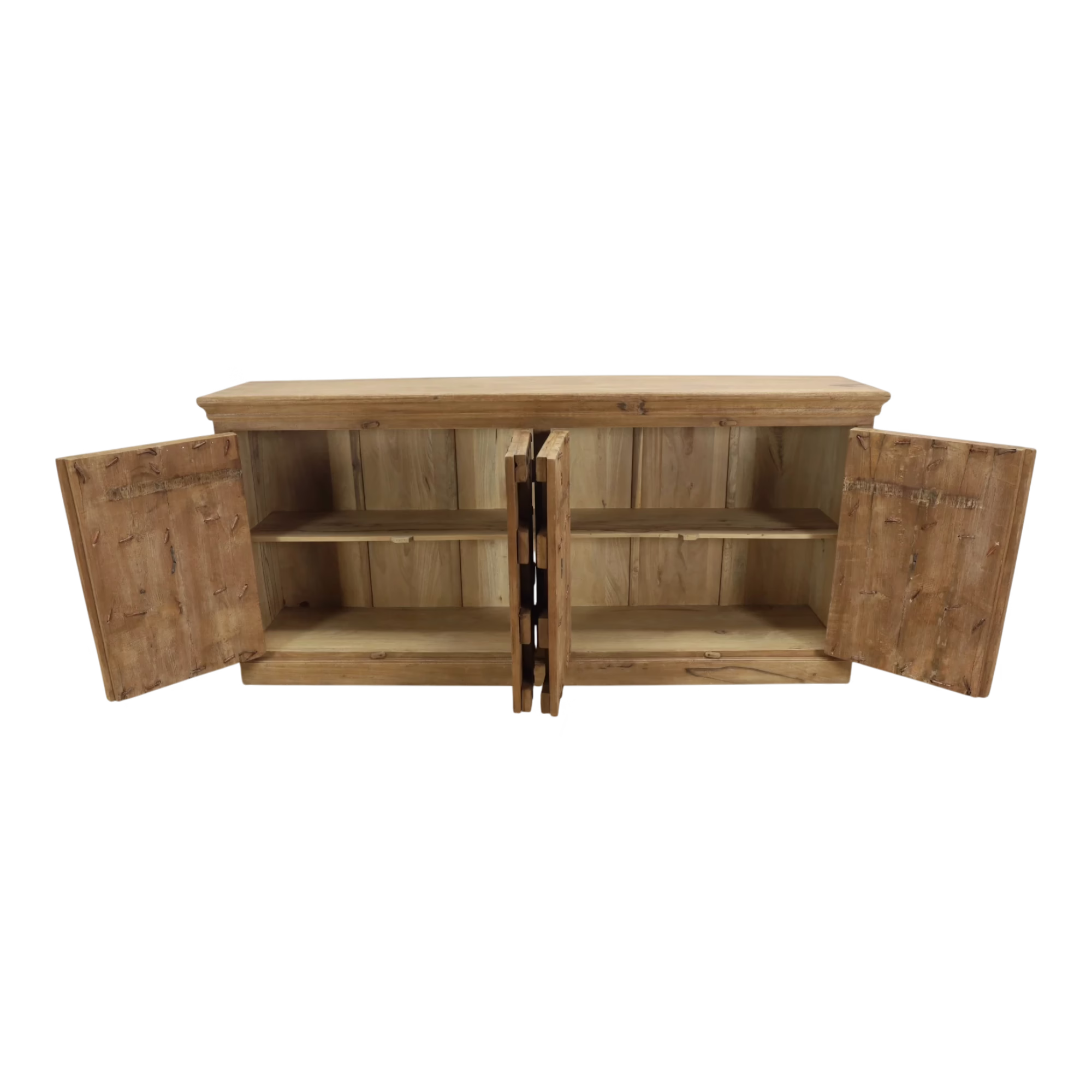 Heritage Reclaimed Wood Antique Door Sideboard PX 16 6 Reclaimed Wood Sideboard with four antique doors open to reveal two interior shelving sections