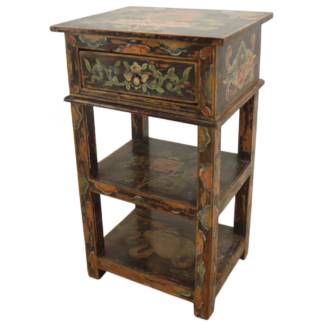 Hand-painted wood accent table with floral drawer and two painted open shelves