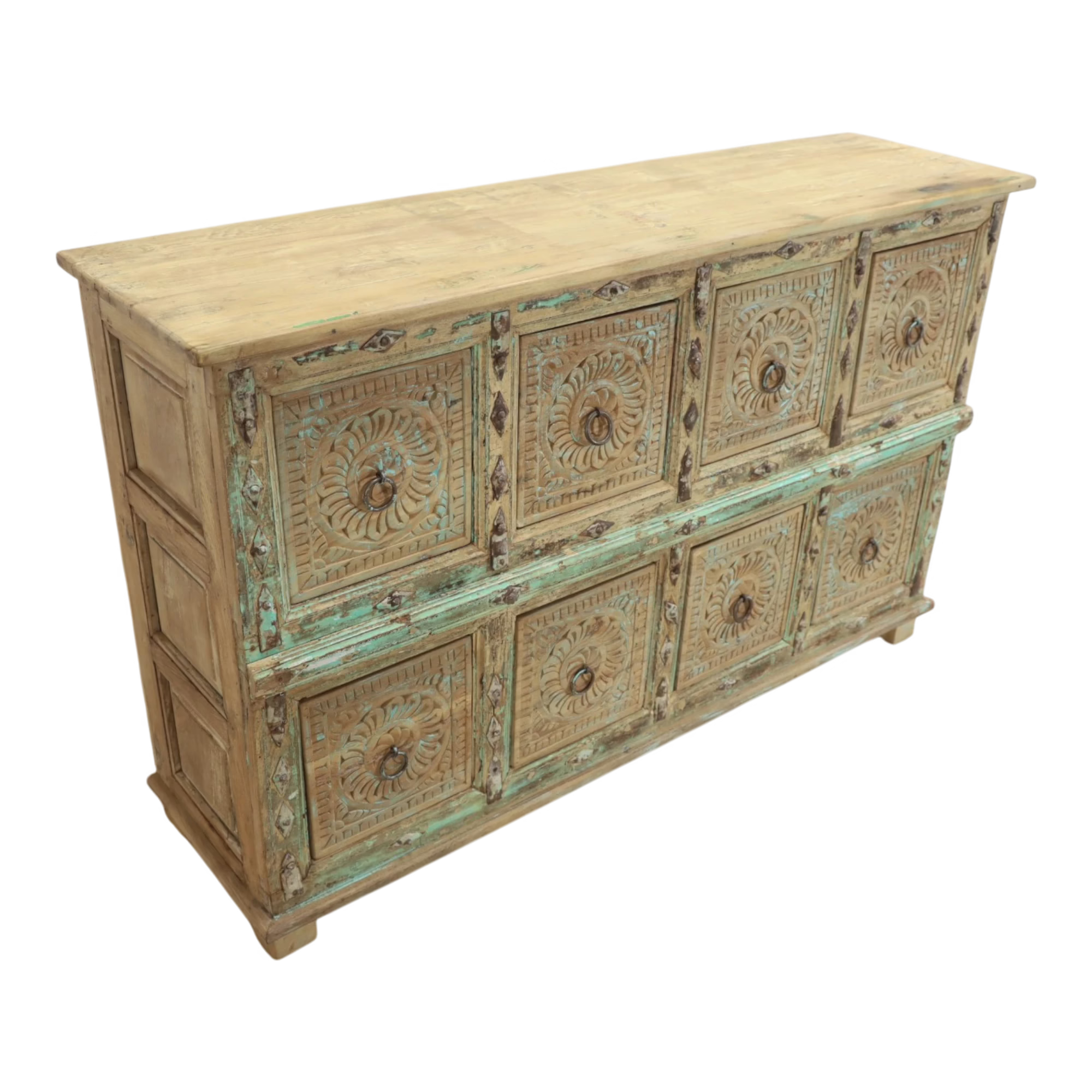 Artisan Hand Carved Reclaimed Wood 8-Drawer Sideboard, PX 28 7 High view across reclaimed wood sideboard with rosette drawers and turquoise color remnants