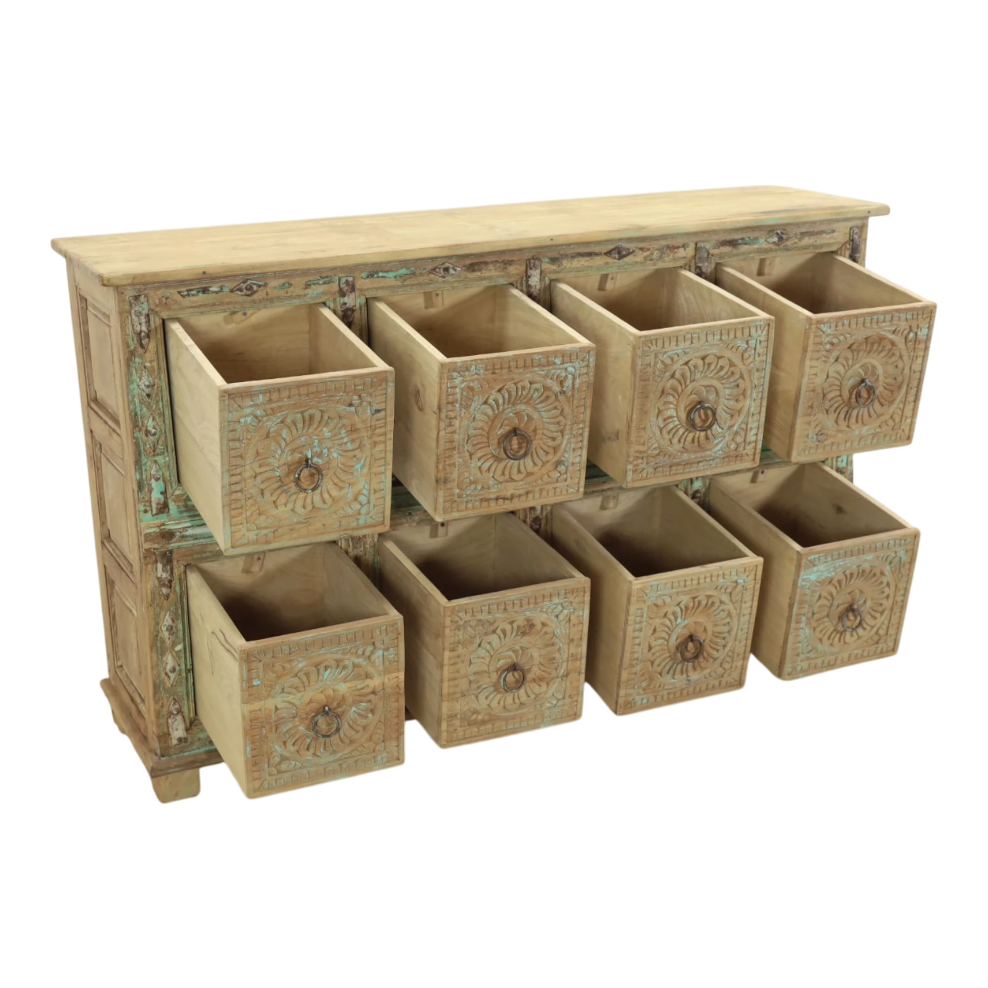 Artisan Hand Carved Reclaimed Wood 8-Drawer Sideboard, PX 28 8 Eight individual storage drawers pulled open on carved reclaimed wood sideboard