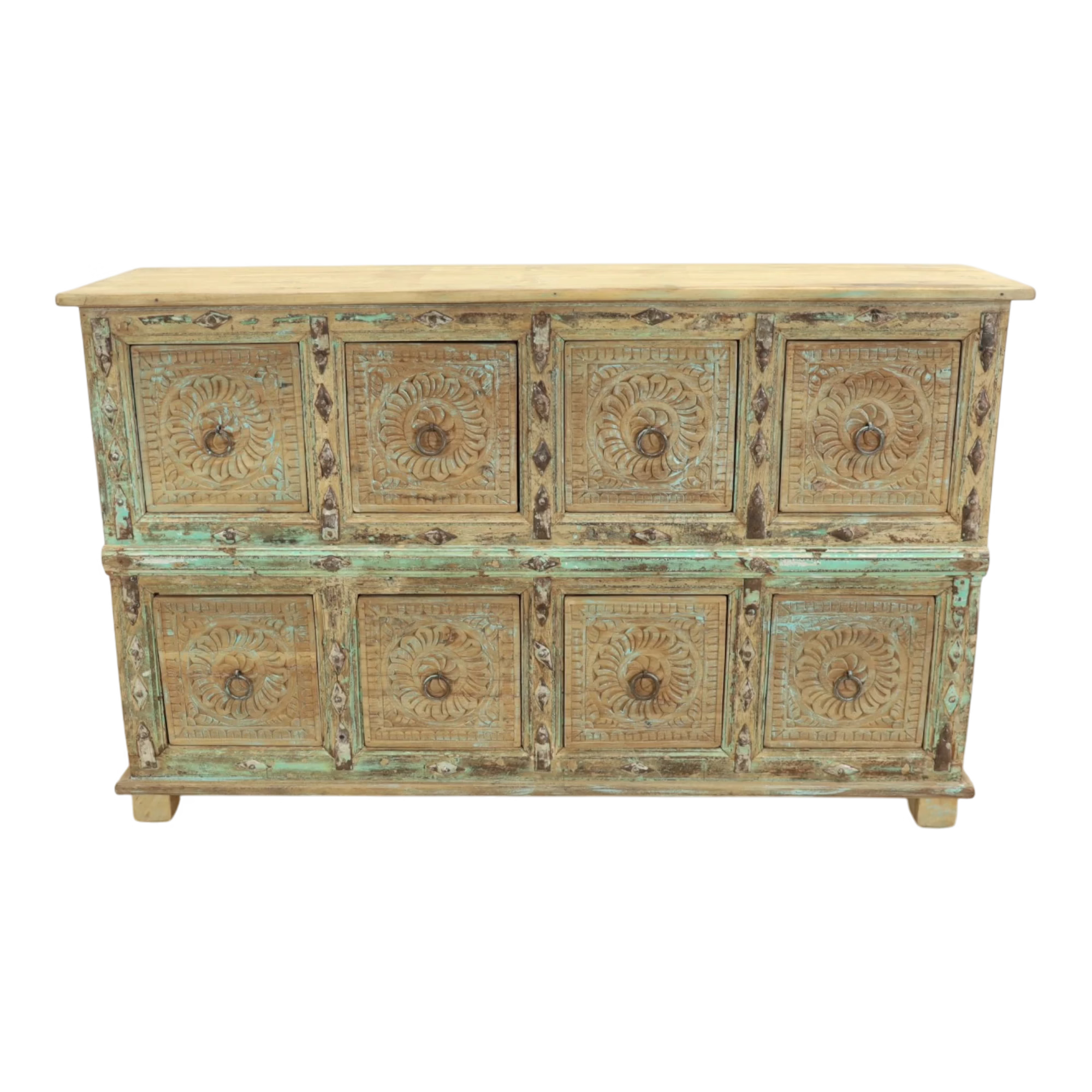 Artisan Hand Carved Reclaimed Wood 8-Drawer Sideboard, PX 28 1 Eight-drawer reclaimed wood sideboard with hand-carved rosette fronts and blue-green surface details