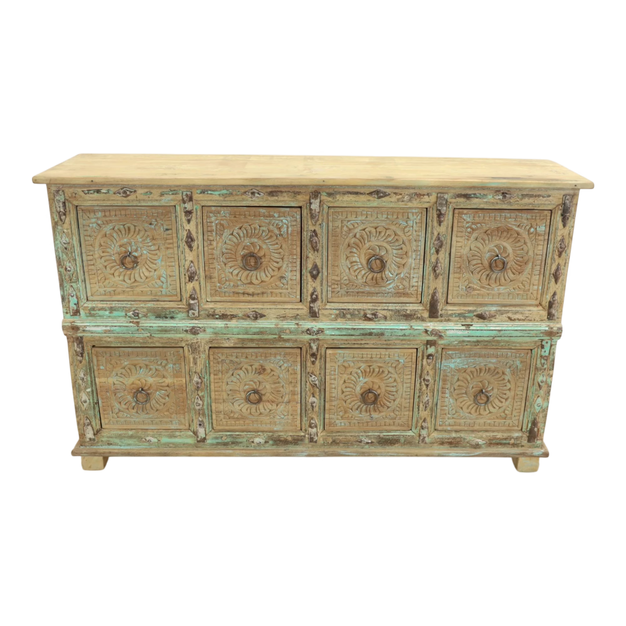 Artisan Hand Carved Reclaimed Wood 8-Drawer Sideboard, PX 28 2 Front view of eight-drawer sideboard with repeated carved rosettes and ring pulls