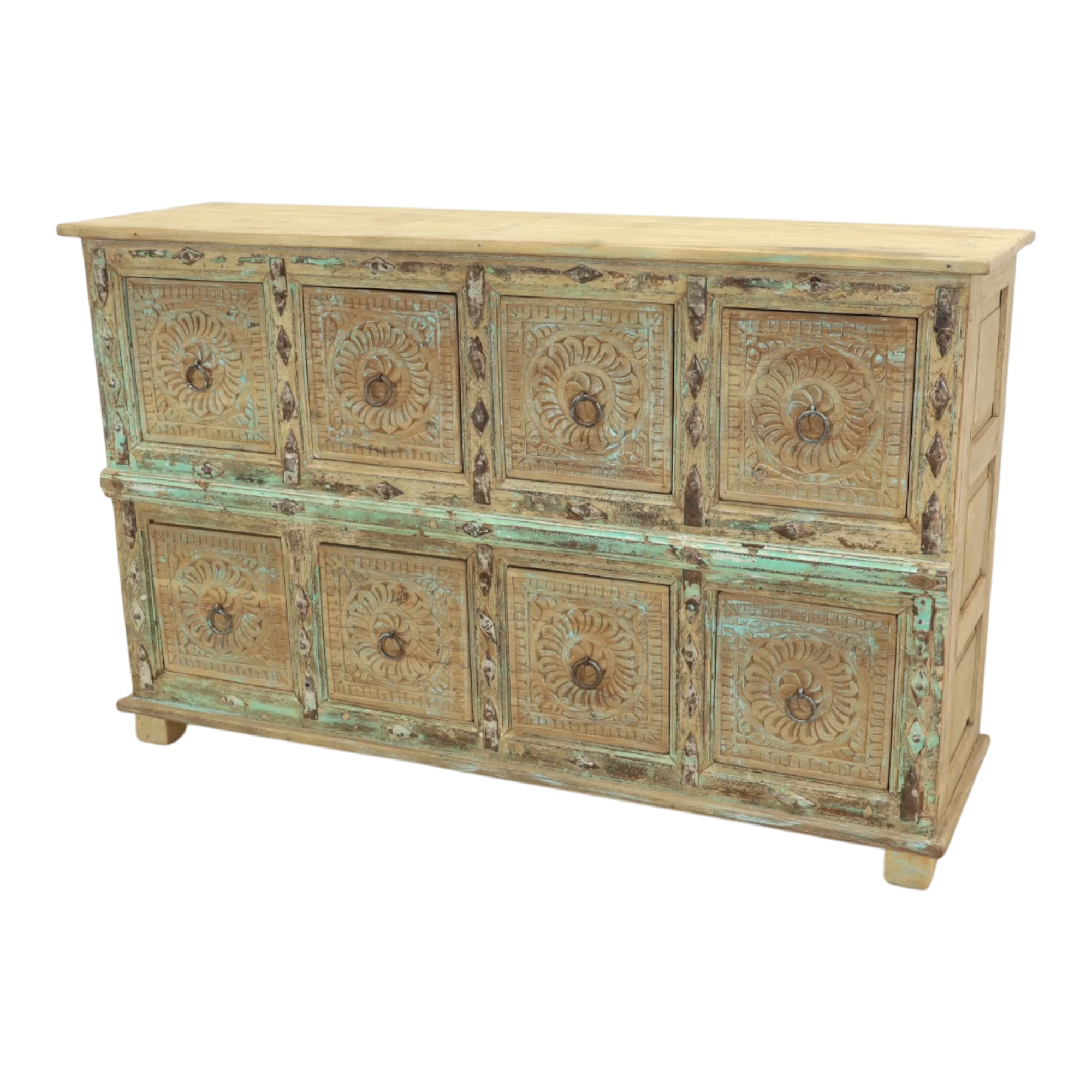 Artisan Hand Carved Reclaimed Wood 8-Drawer Sideboard, PX 28 3 Angled eight-drawer sideboard with carved fronts, ring pulls and aged blue-green surface coloration