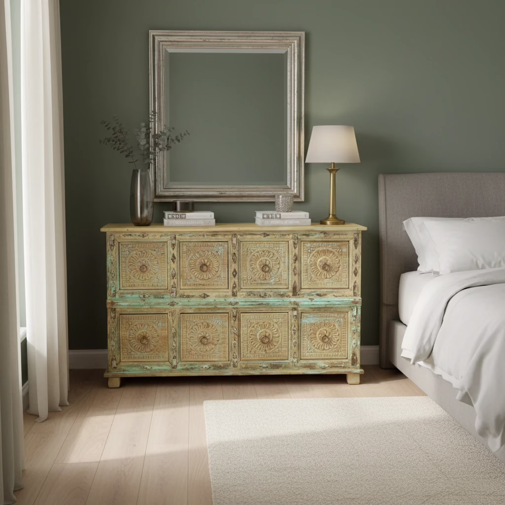 Artisan Hand Carved Reclaimed Wood 8-Drawer Sideboard, PX 28 9 Eight-drawer carved wood sideboard with turquoise details beside an upholstered bed